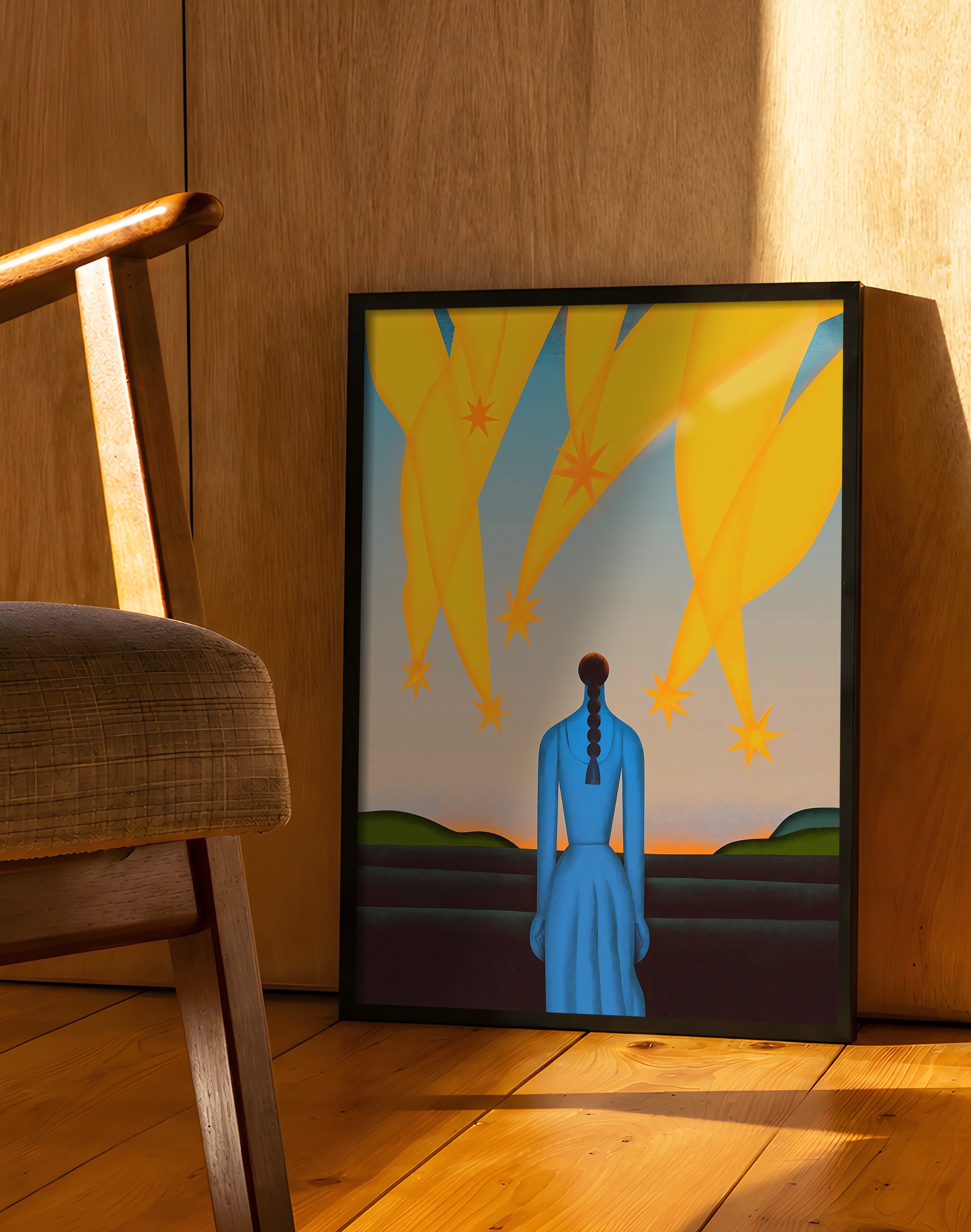 Starfall Dream Modern Duvar Tablosu – Mavi Figürlü Sürreal Gökyüzü Poster