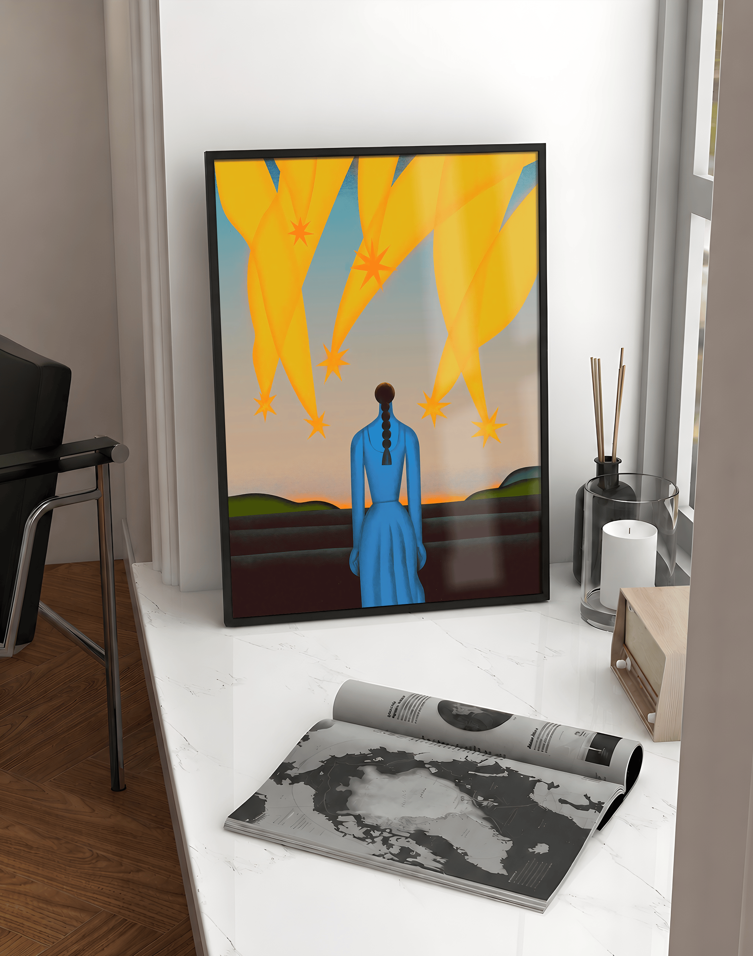 Starfall Dream Modern Duvar Tablosu – Mavi Figürlü Sürreal Gökyüzü Poster