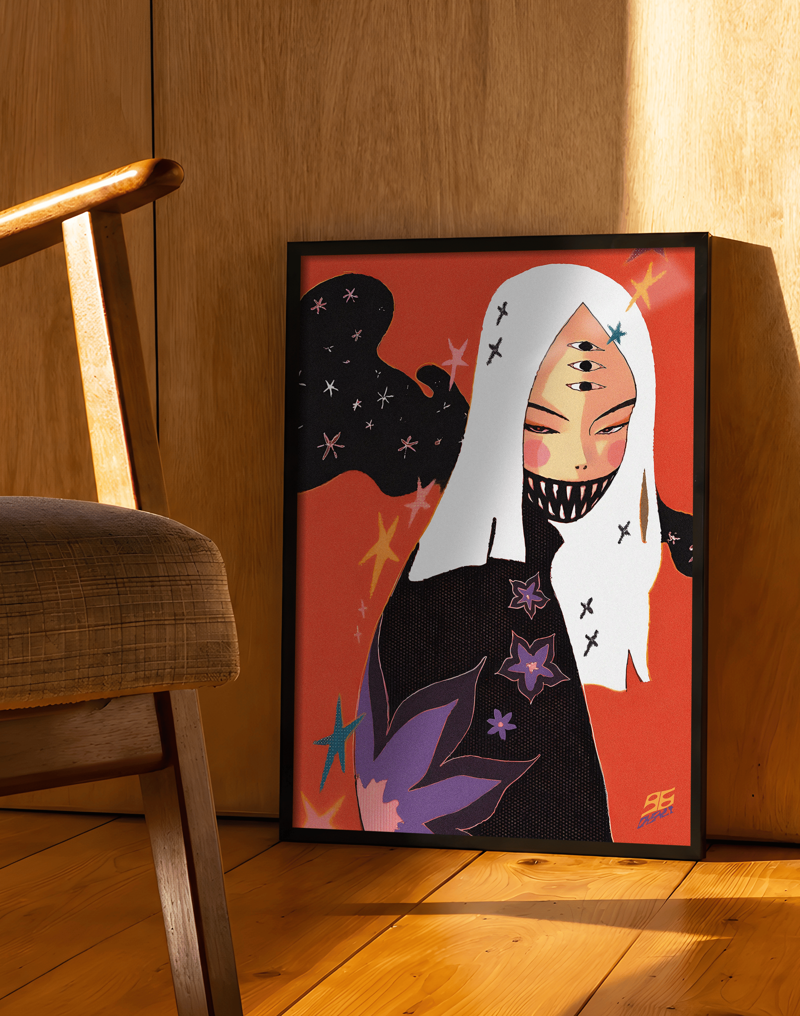 Starlit Oni Modern Duvar Tablosu – Turuncu Japon Figüratif Poster
