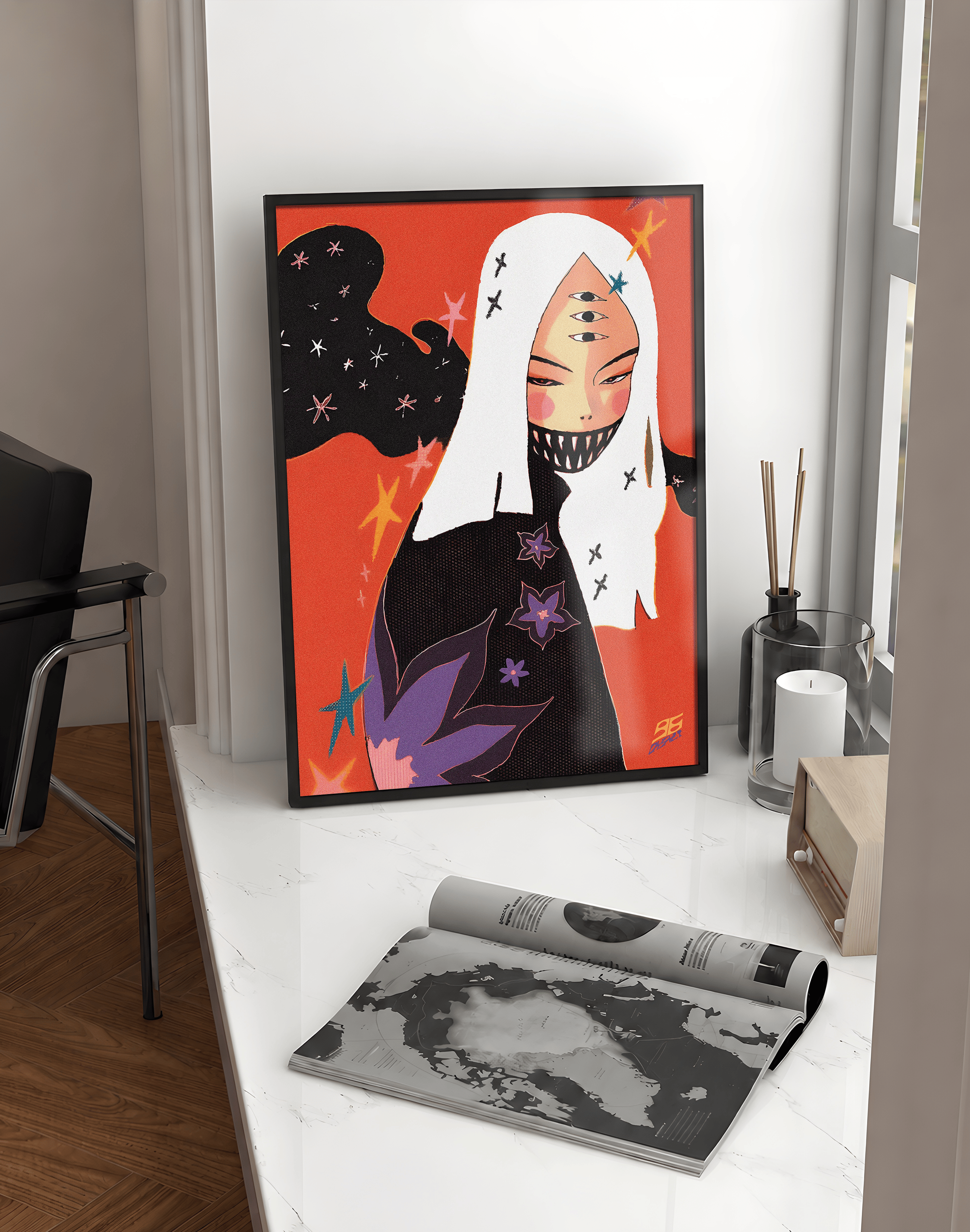 Starlit Oni Modern Duvar Tablosu – Turuncu Japon Figüratif Poster