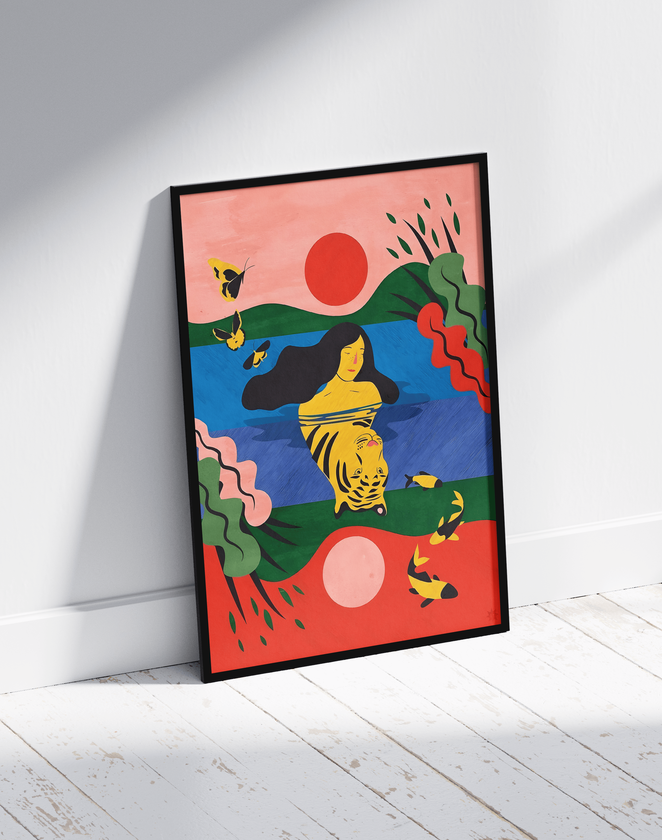 Tiger Reverie Modern Duvar Tablosu – Renkli Sürreal İllüstrasyon Poster