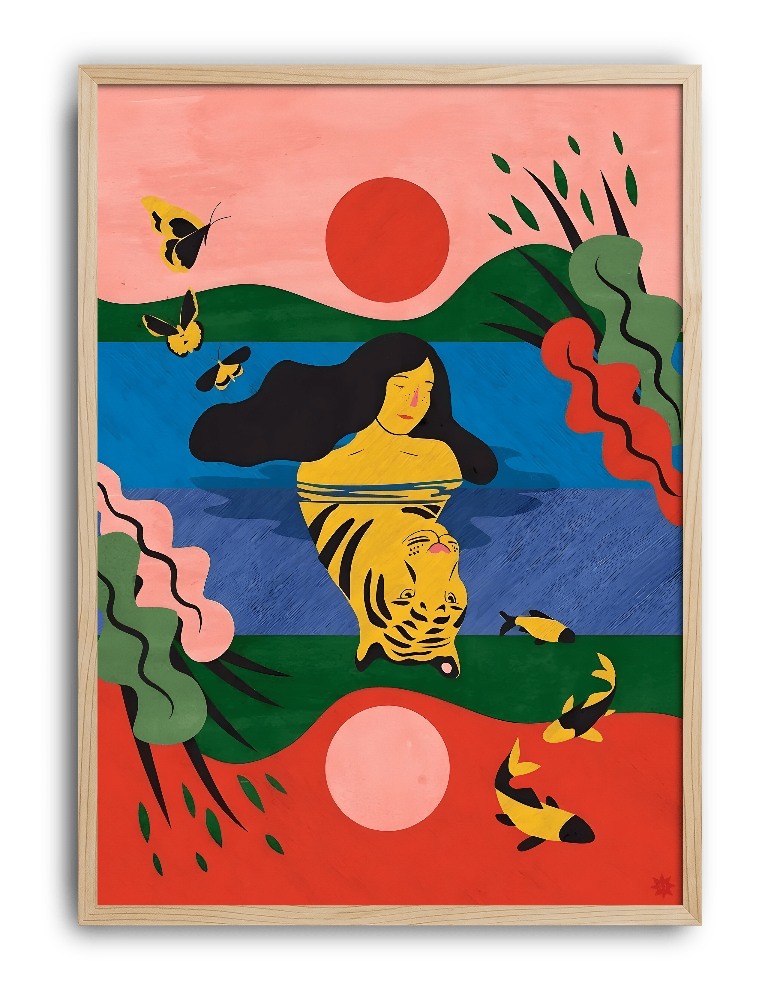 Tiger Reverie Modern Duvar Tablosu – Renkli Sürreal İllüstrasyon Poster