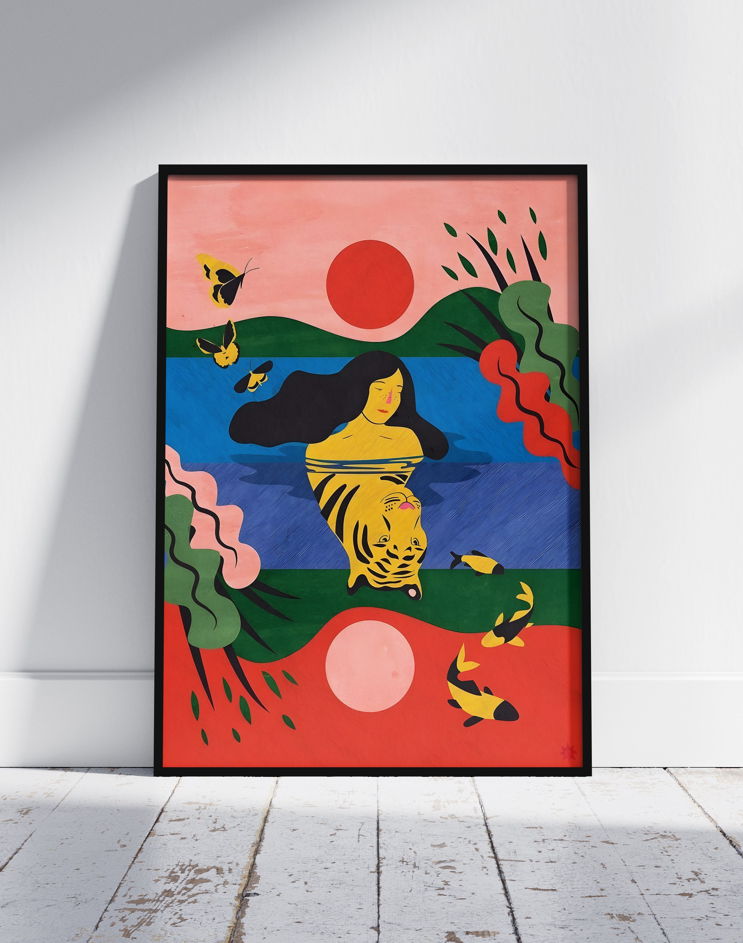 Tiger Reverie Modern Duvar Tablosu – Renkli Sürreal İllüstrasyon Poster