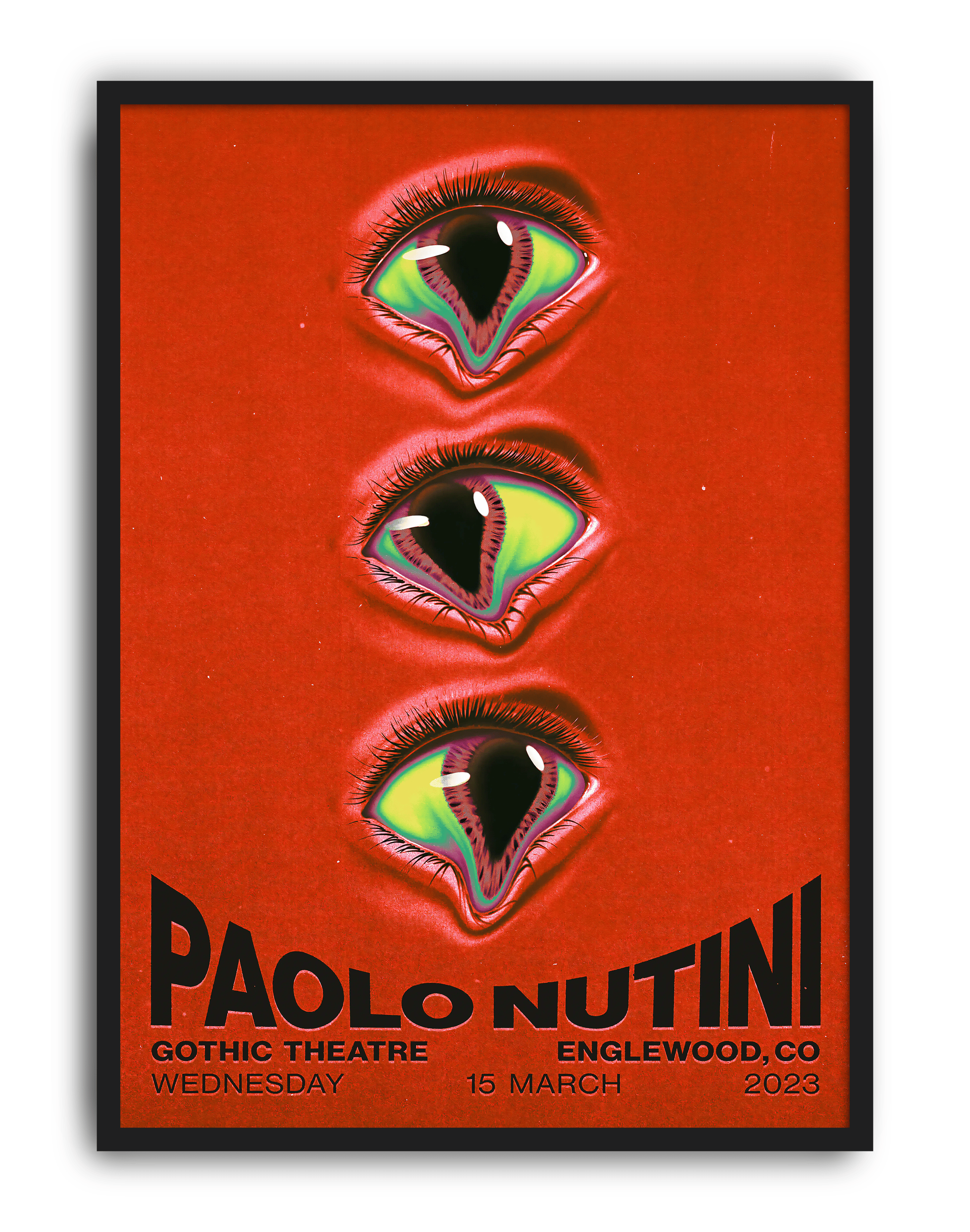Triple Vision Modern Duvar Tablosu – Kırmızı Zeminli Üç Göz Konser Poster