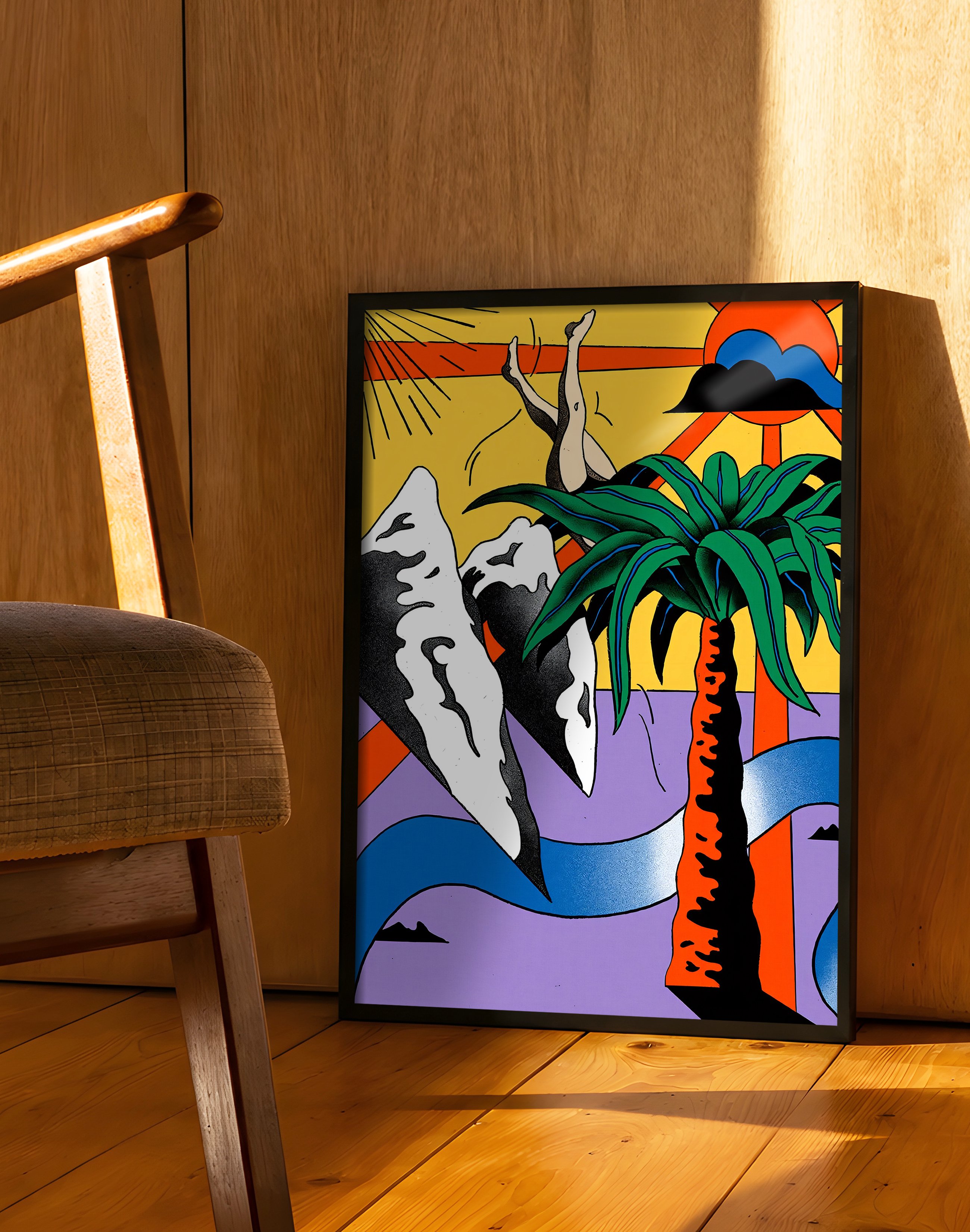 Tropical Dive Modern Duvar Tablosu – Renkli Sürreal Palmiyeli Poster