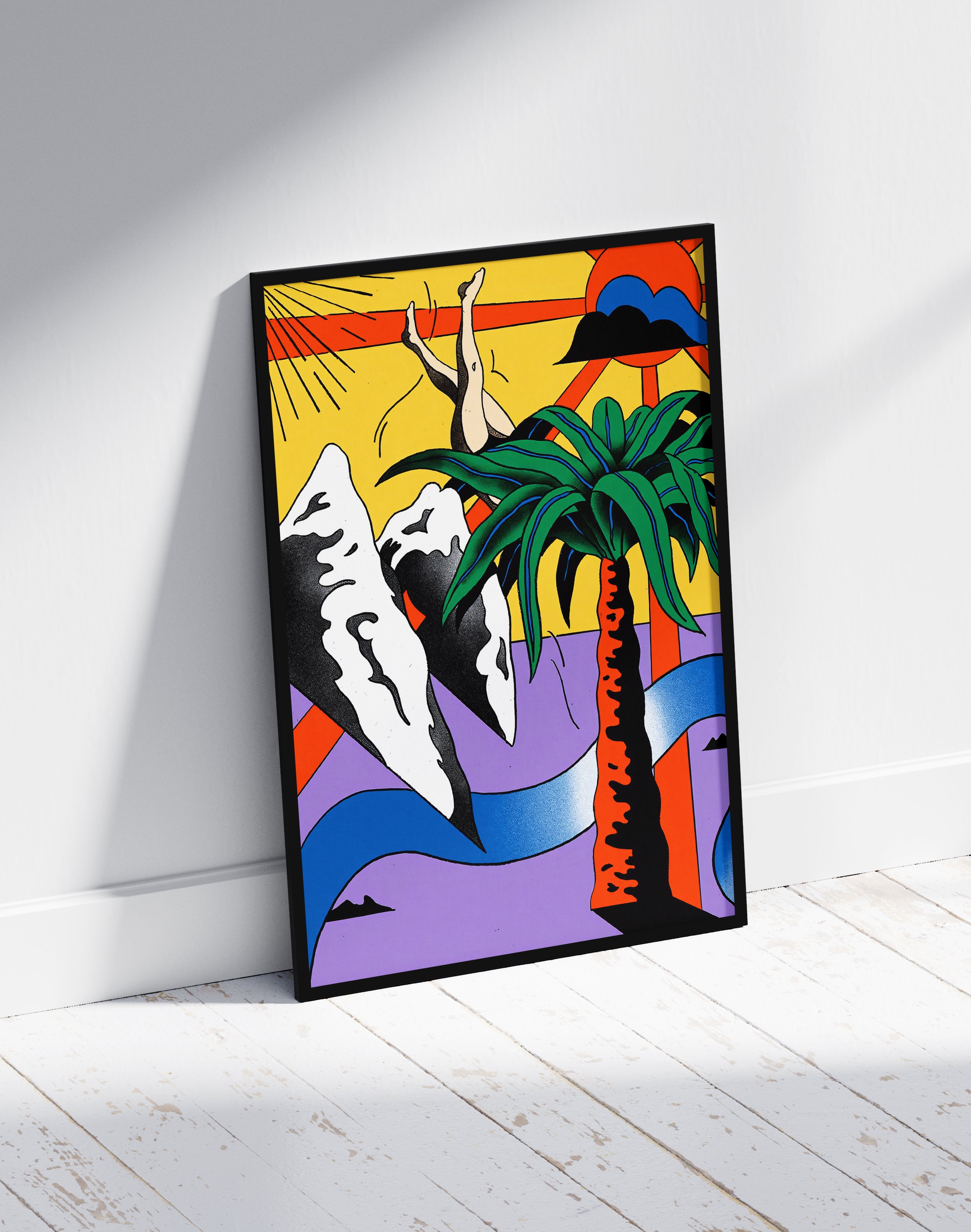 Tropical Dive Modern Duvar Tablosu – Renkli Sürreal Palmiyeli Poster