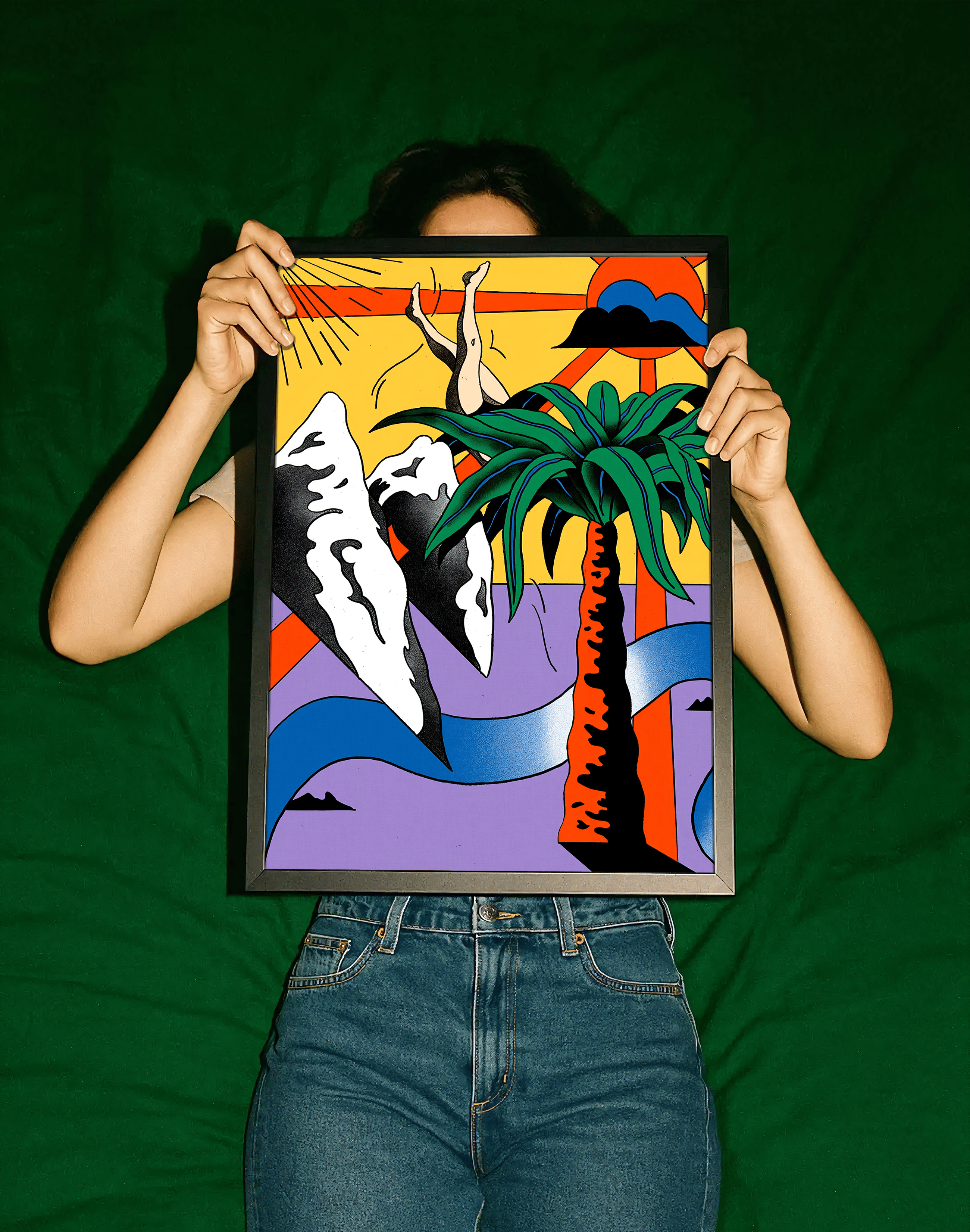 Tropical Dive Modern Duvar Tablosu – Renkli Sürreal Palmiyeli Poster