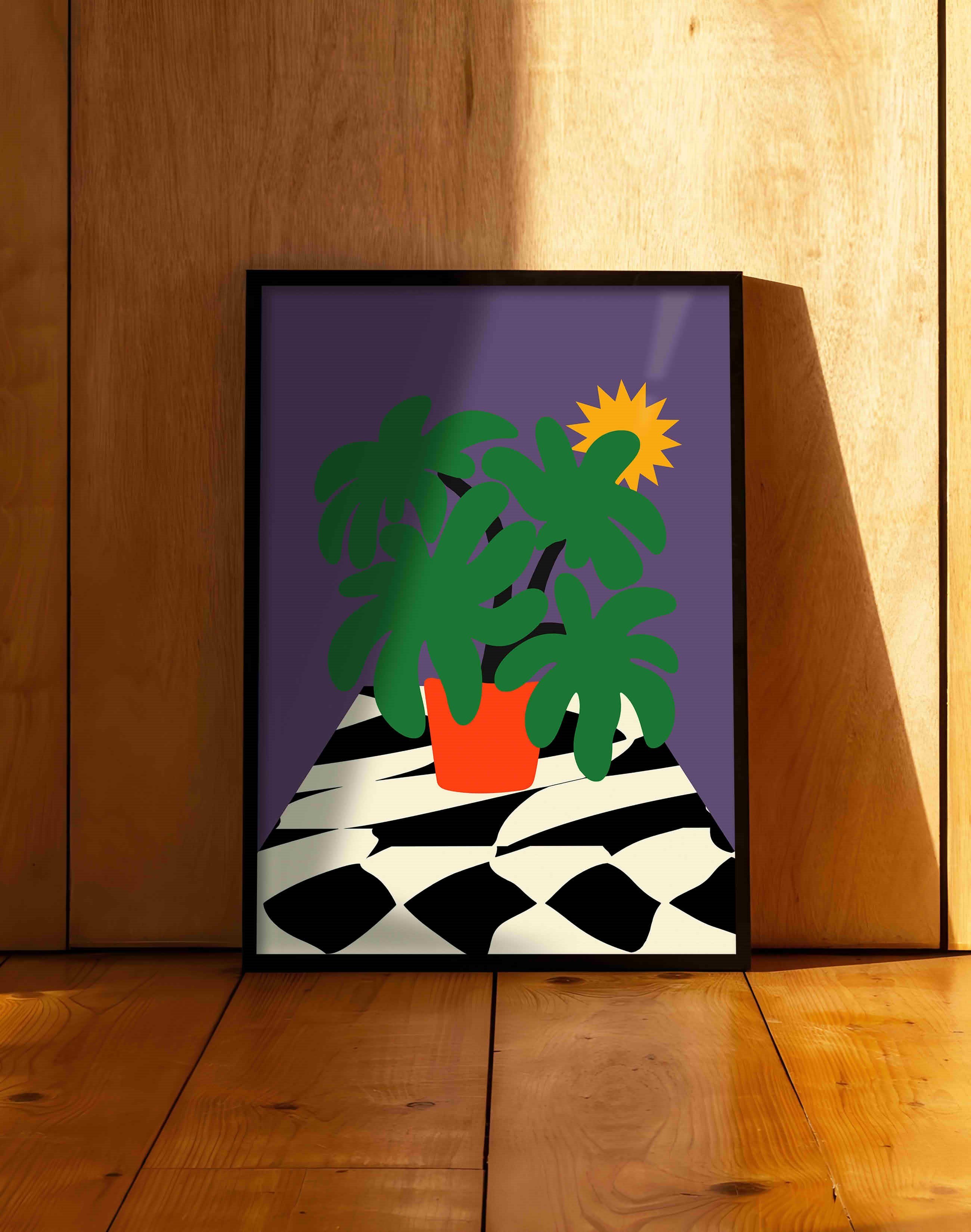 Tropical Sun Mor Yeşil Retro Bitki Duvar Tablosu