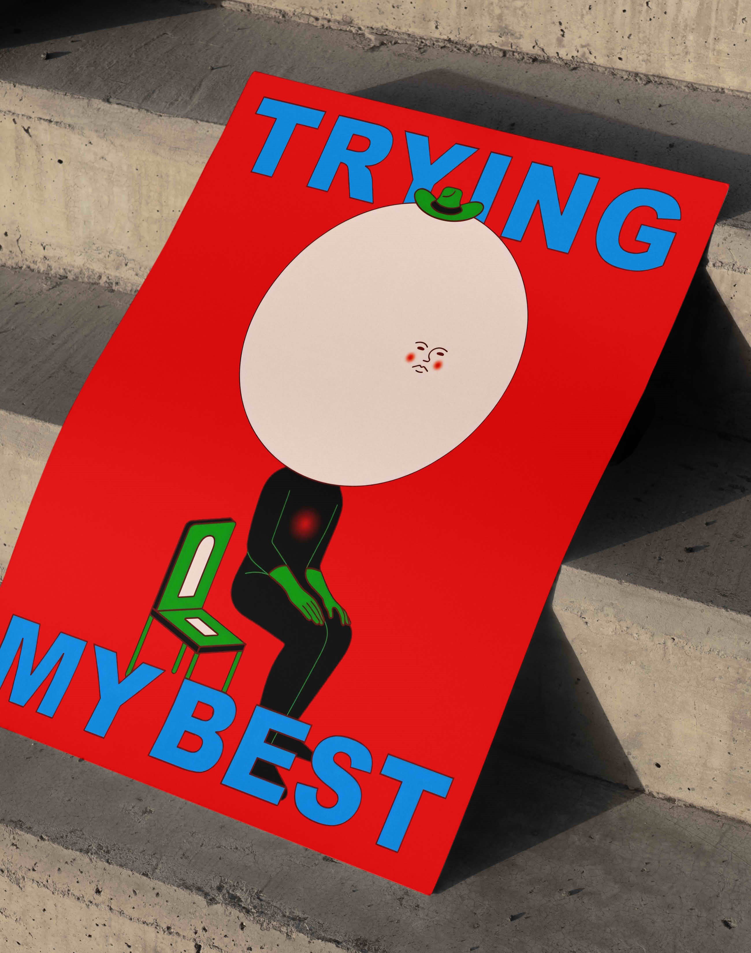 Trying My Best Modern Duvar Tablosu - Kırmızı Mavi Figüratif Poster