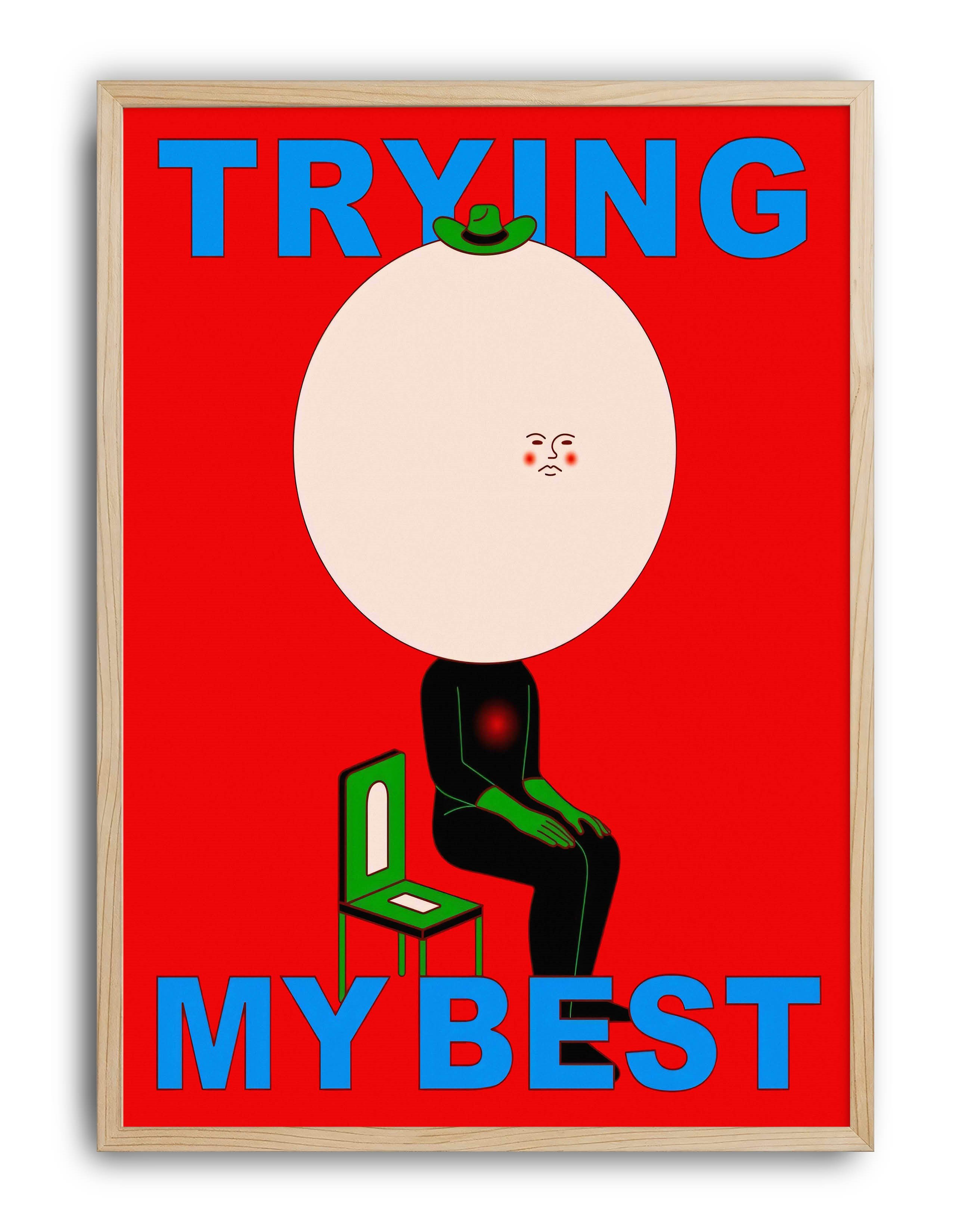 Trying My Best Modern Duvar Tablosu - Kırmızı Mavi Figüratif Poster