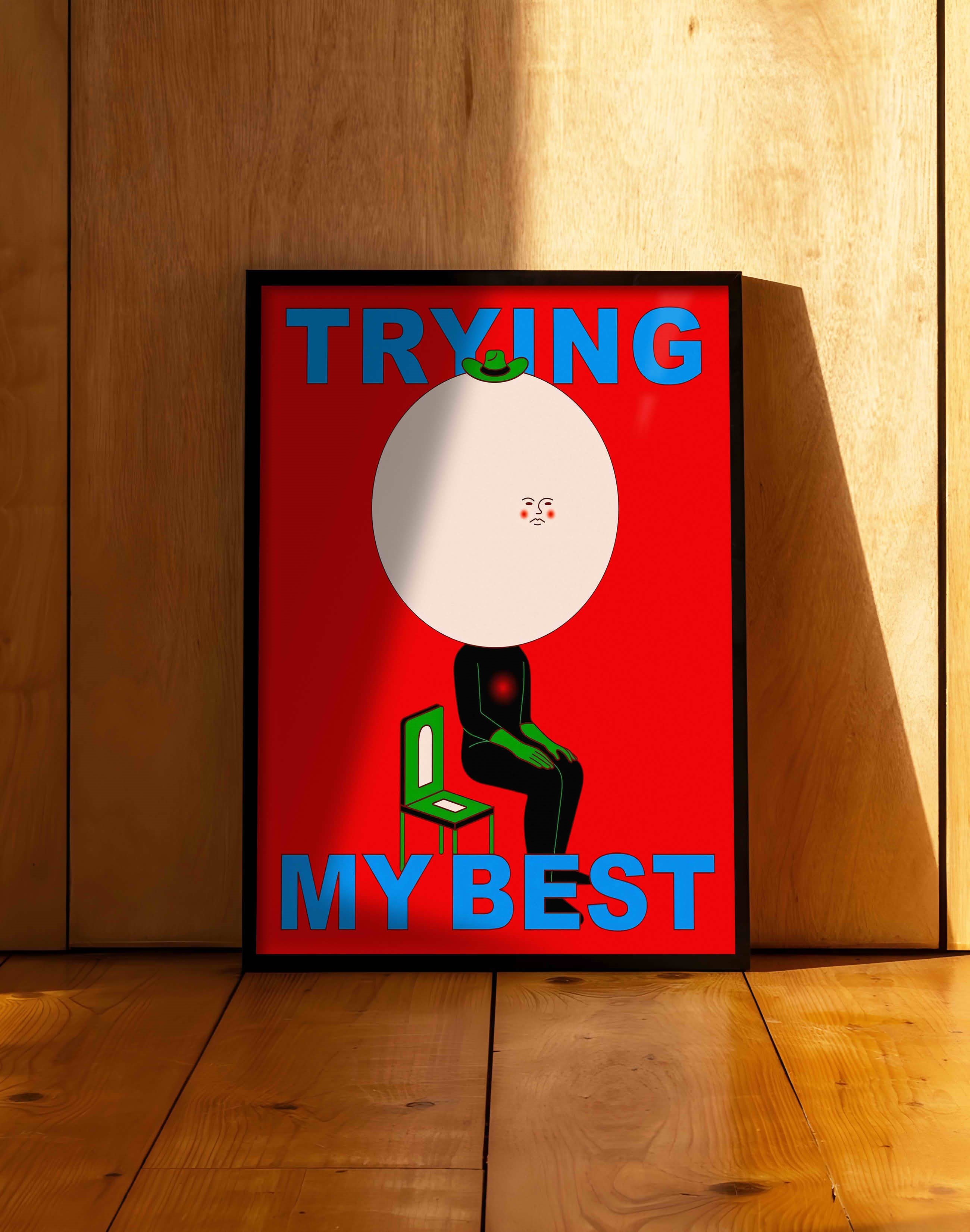 Trying My Best Modern Duvar Tablosu - Kırmızı Mavi Figüratif Poster