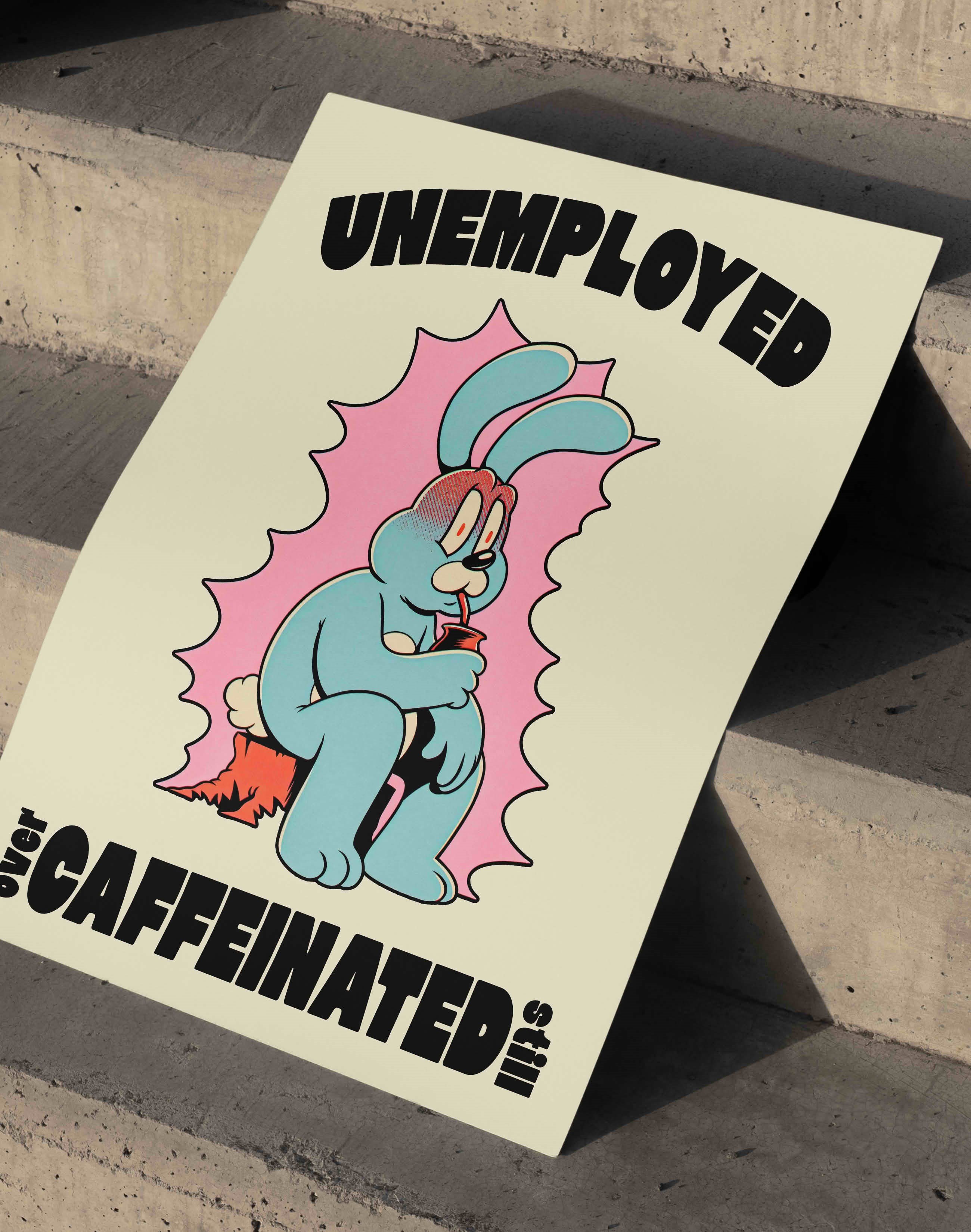 Unemployed Caffeinated Modern Duvar Tablosu - Mavi Tavşan Figüratif Poster