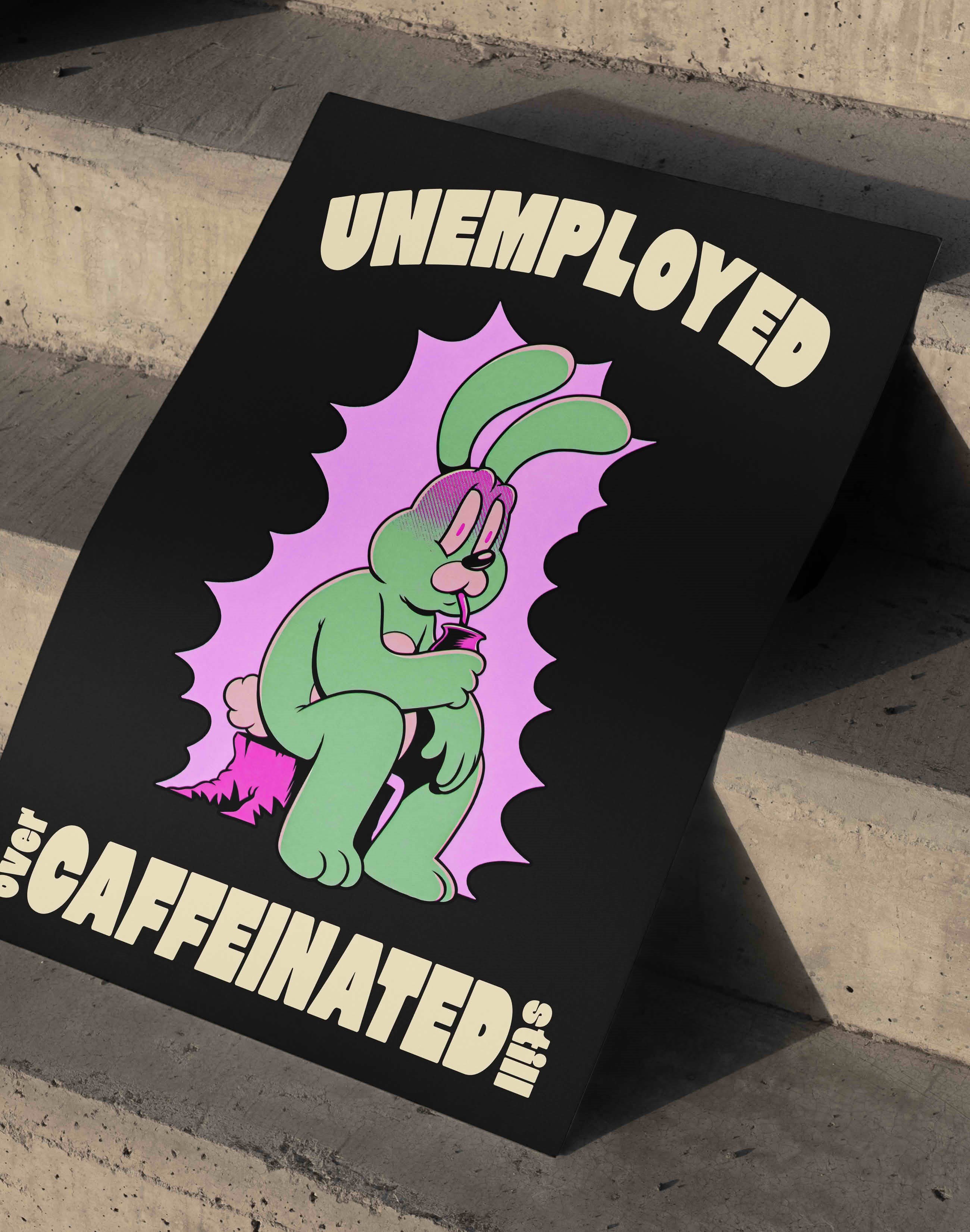 Unemployed Caffeinated Modern Duvar Tablosu - Yeşil Tavşan Figuratif Poster