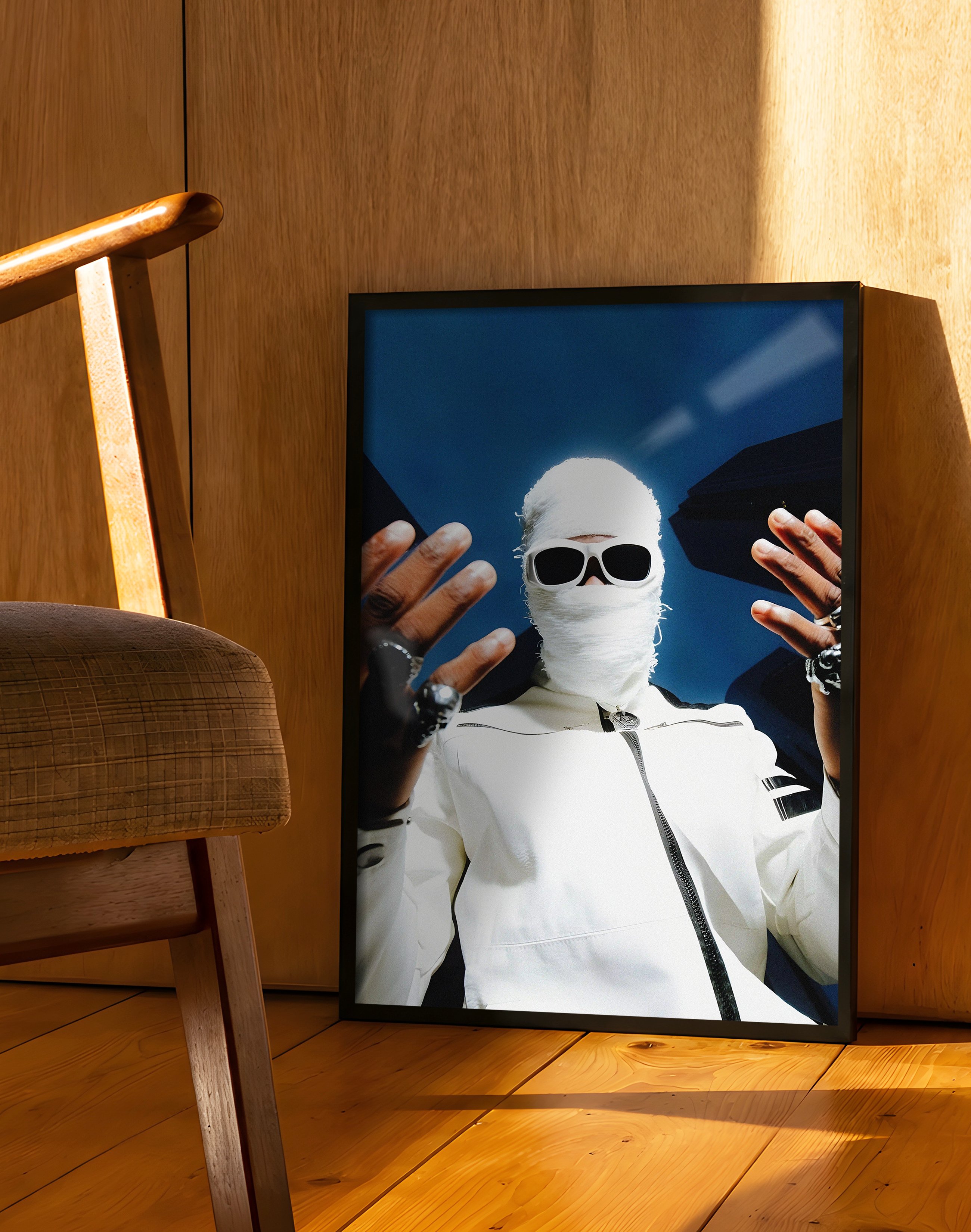 Urban Ghost Modern Duvar Tablosu – Beyaz Maskeli Street Poster