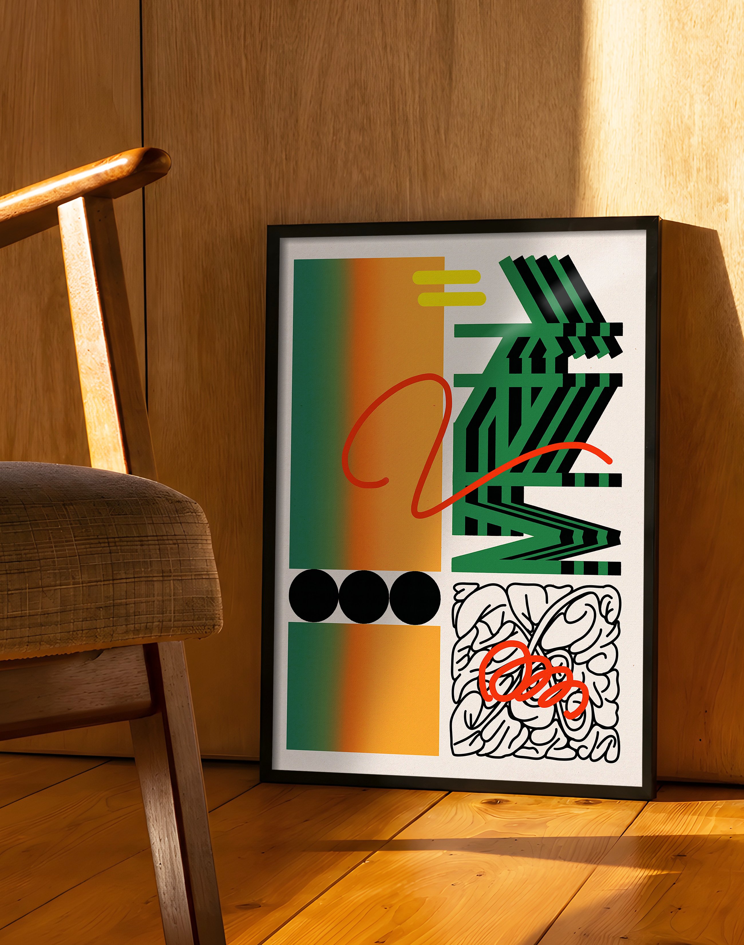 Urban Grid Modern Duvar Tablosu – Yeşil Turuncu Abstract Grafik Poster