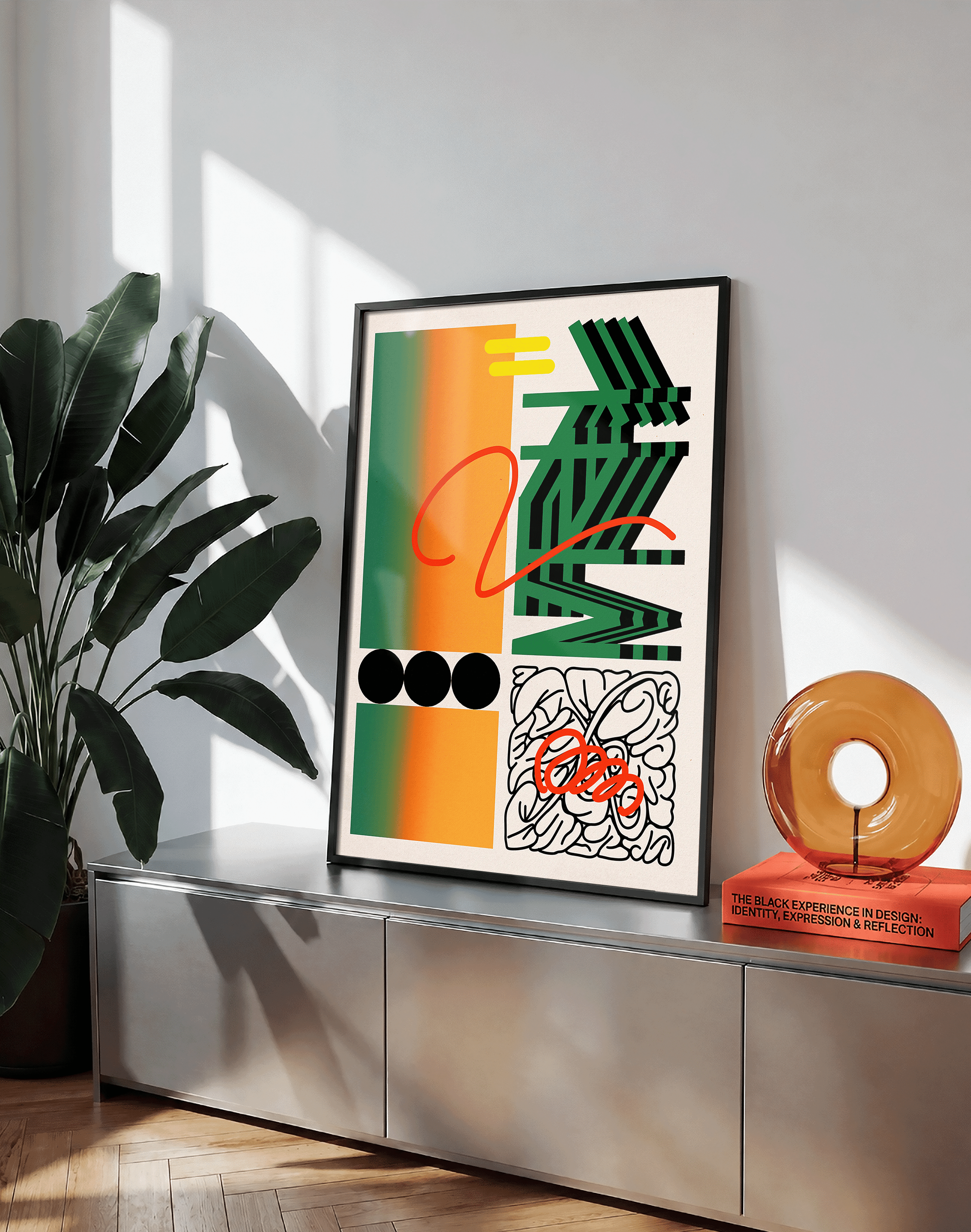 Urban Grid Modern Duvar Tablosu – Yeşil Turuncu Abstract Grafik Poster