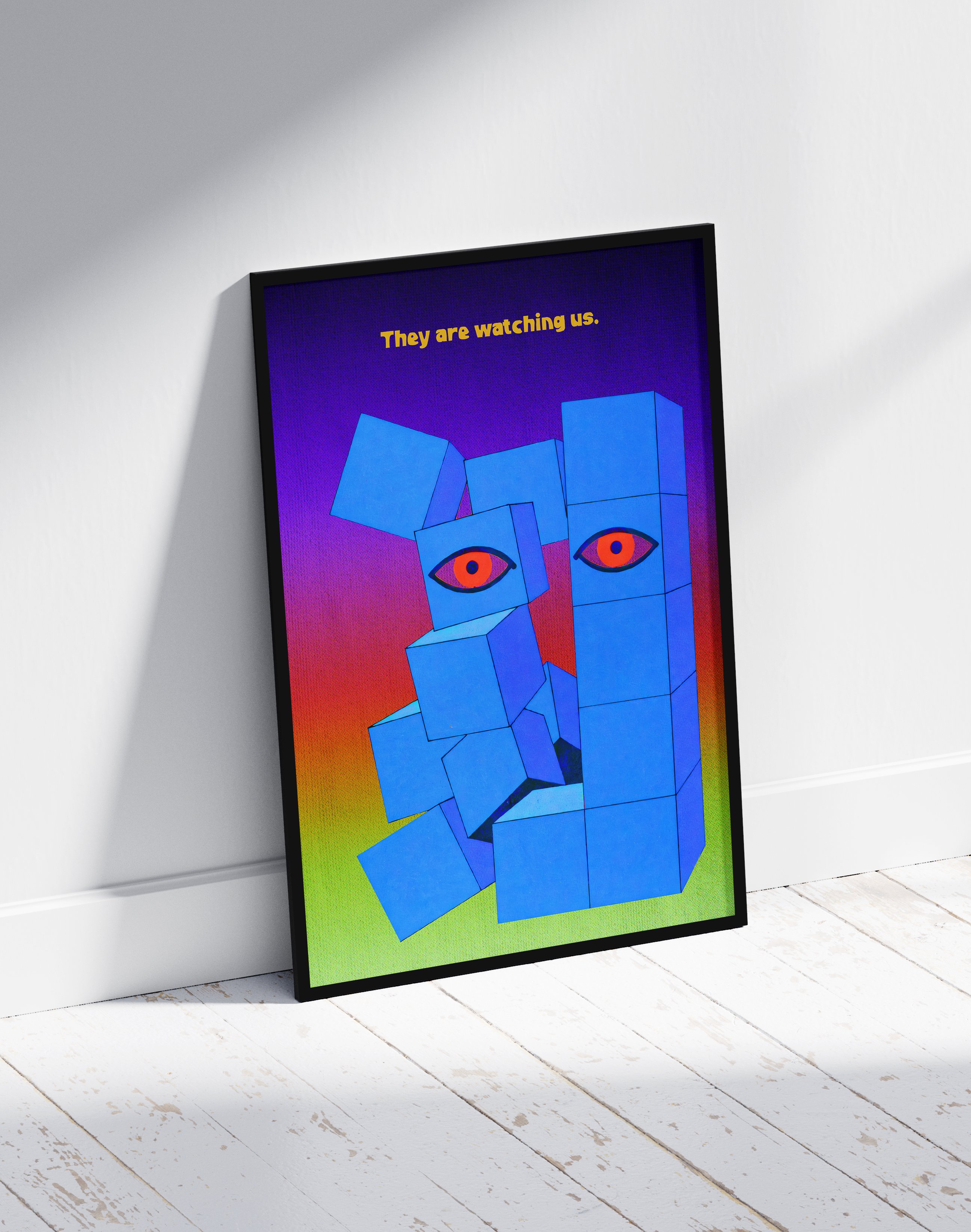 Watcher Blocks Modern Duvar Tablosu – Mavi Geometrik Göz Poster