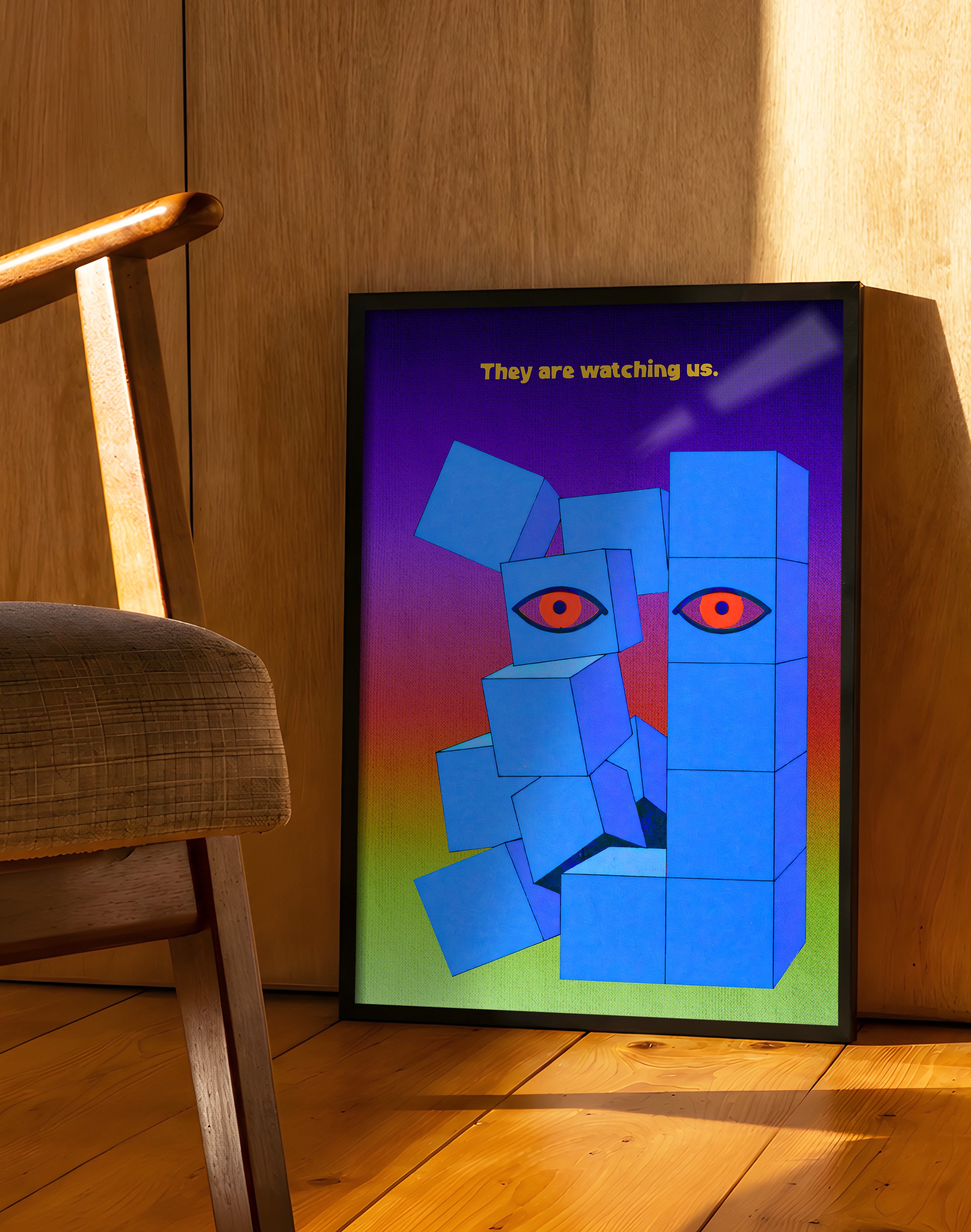 Watcher Blocks Modern Duvar Tablosu – Mavi Geometrik Göz Poster