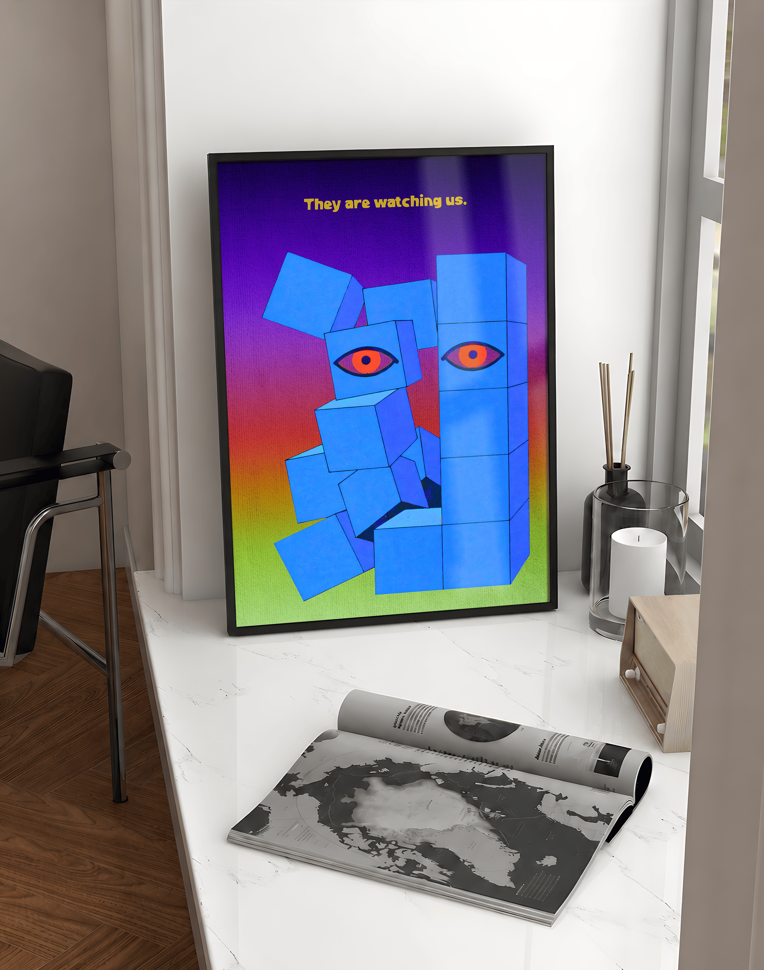 Watcher Blocks Modern Duvar Tablosu – Mavi Geometrik Göz Poster