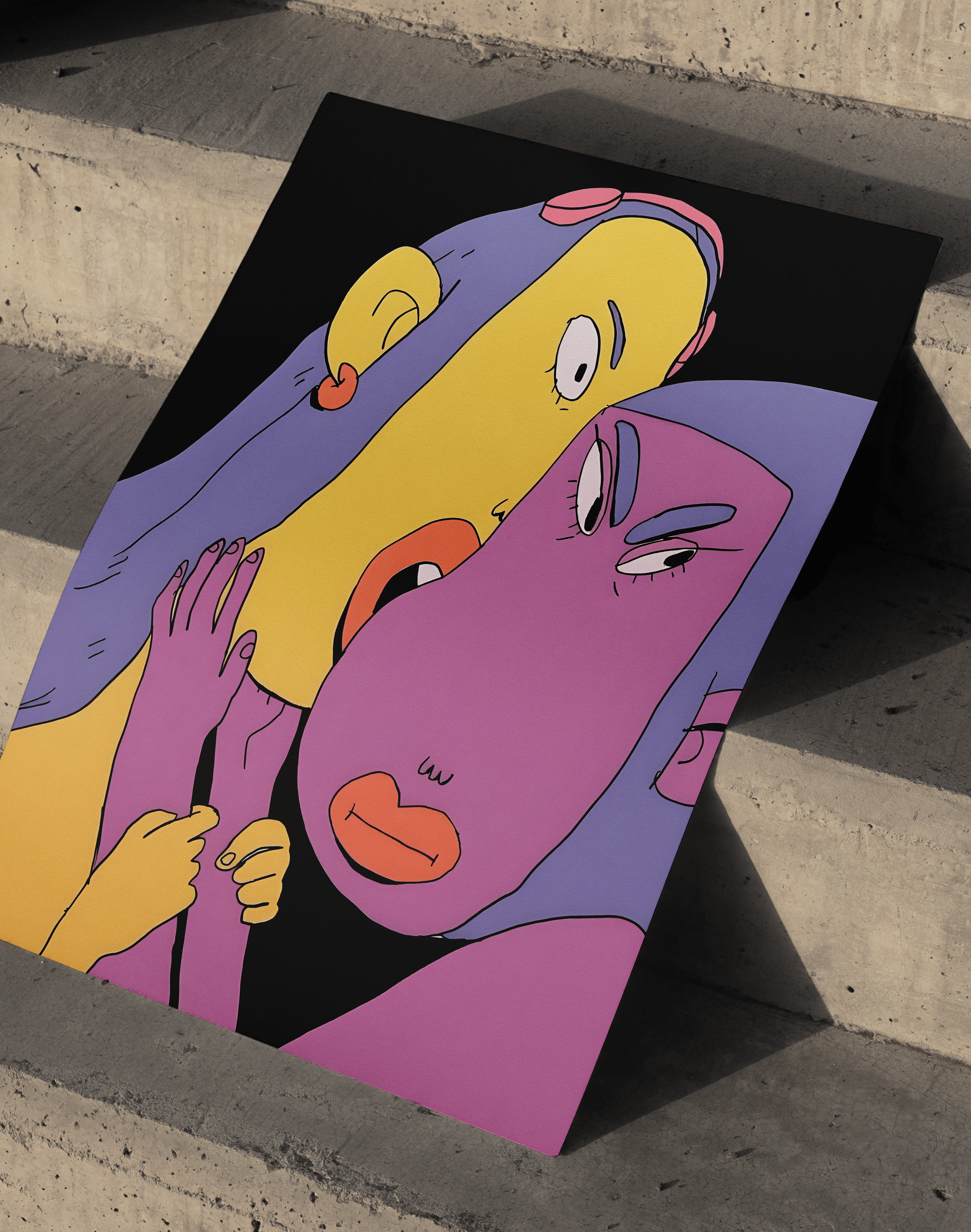 Whisper Duo Modern Duvar Tablosu – Mor Sarı Figüratif Poster