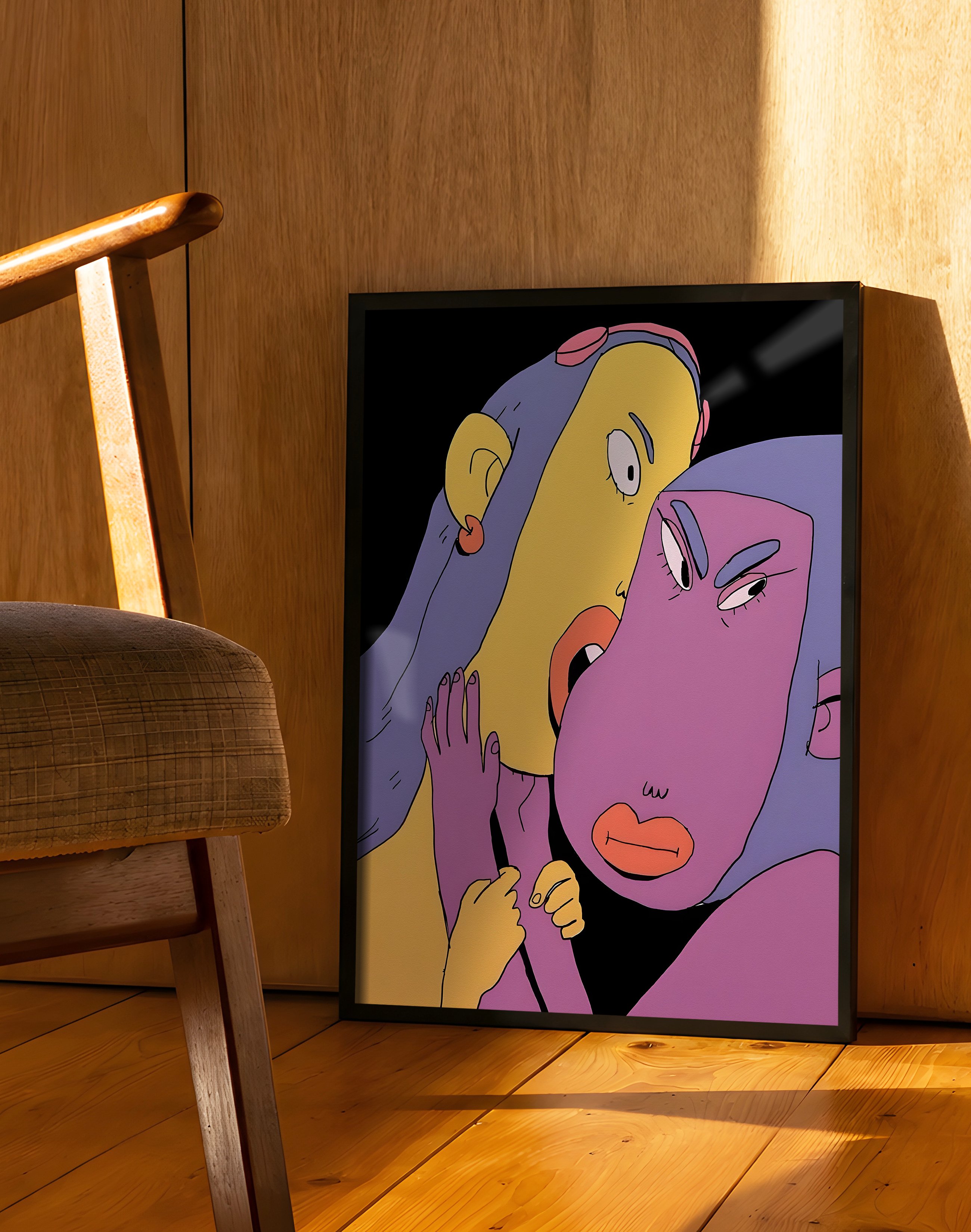 Whisper Duo Modern Duvar Tablosu – Mor Sarı Figüratif Poster