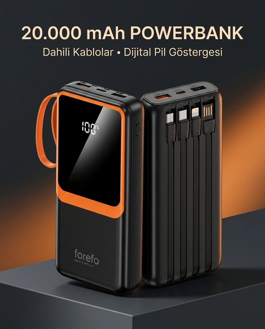 1. Çoklu Çıkışlı 20000 mAh Powerbank Entegre Kablolu Dijital Ekranlı Taşınabilir Şarj Cihazı