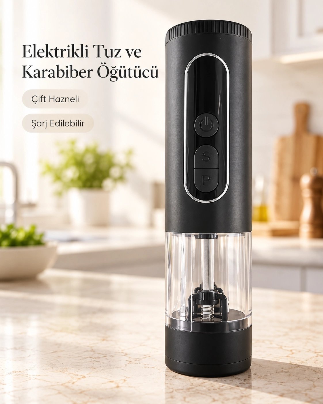 1. LED Ekranlı 900 mAh Bataryalı Şarj Edilebilir Tuz ve Karabiber Öğütücü