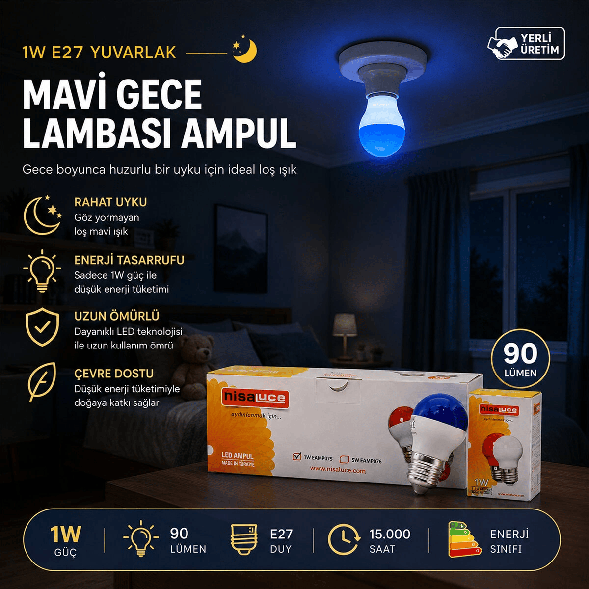 10 Adet 1w E27 Mavi Yuvarlak Gece Lambası Led Ampul Eamp-075 Bx40
