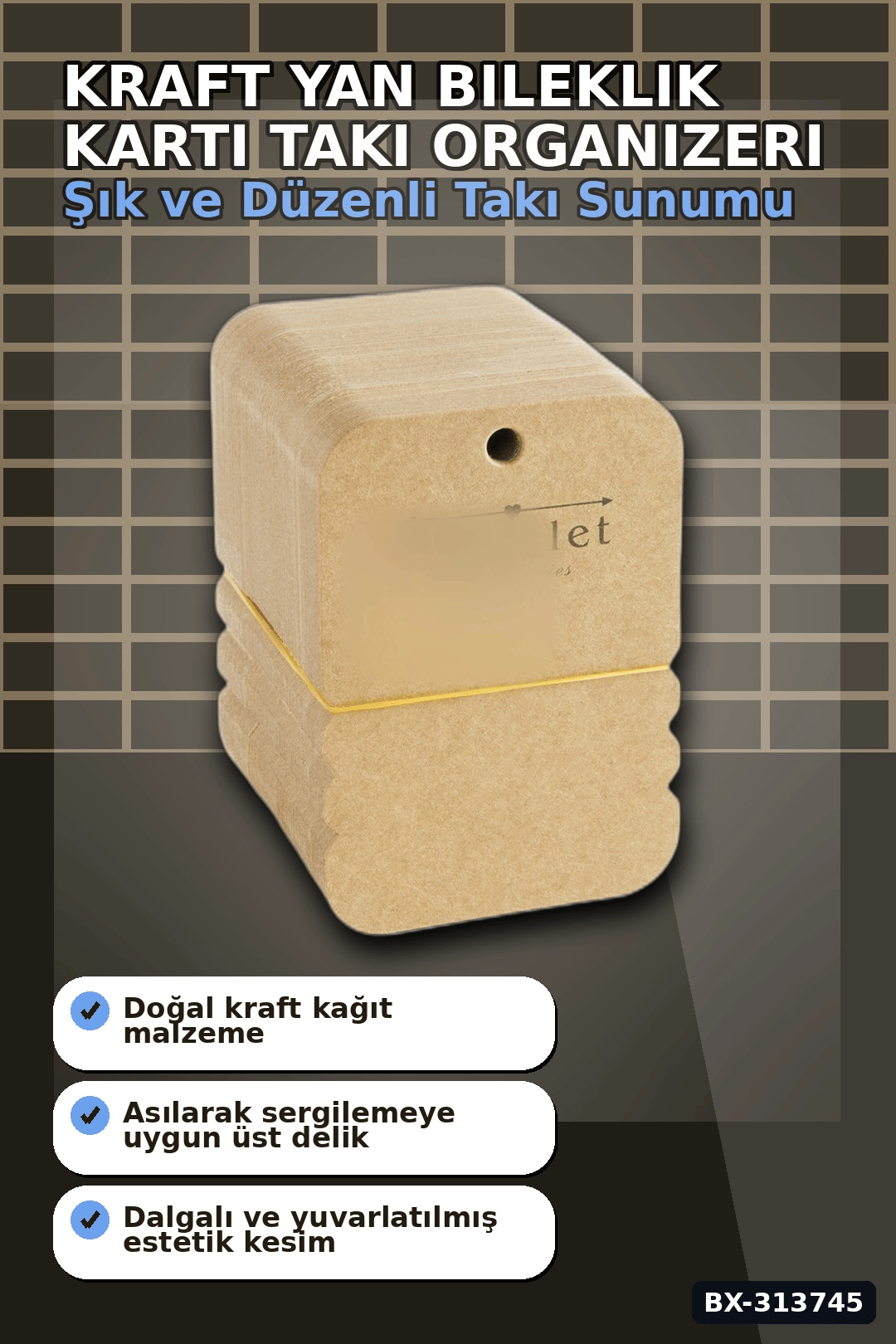 100 Adet Kraft Yan Bileklik Kartı - 7.5x10 cm Toka Boyu, Takı Organizeri BX-313745