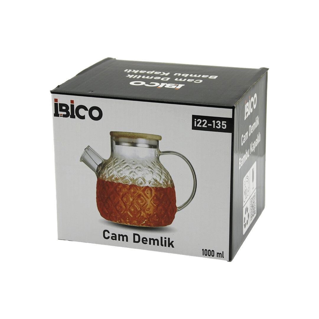 1000ml Abartma Desen Cam Demlik   Bambu Dış Yüzey - Metal İç Yüzey - Silikon Contalı Kapak Bx40