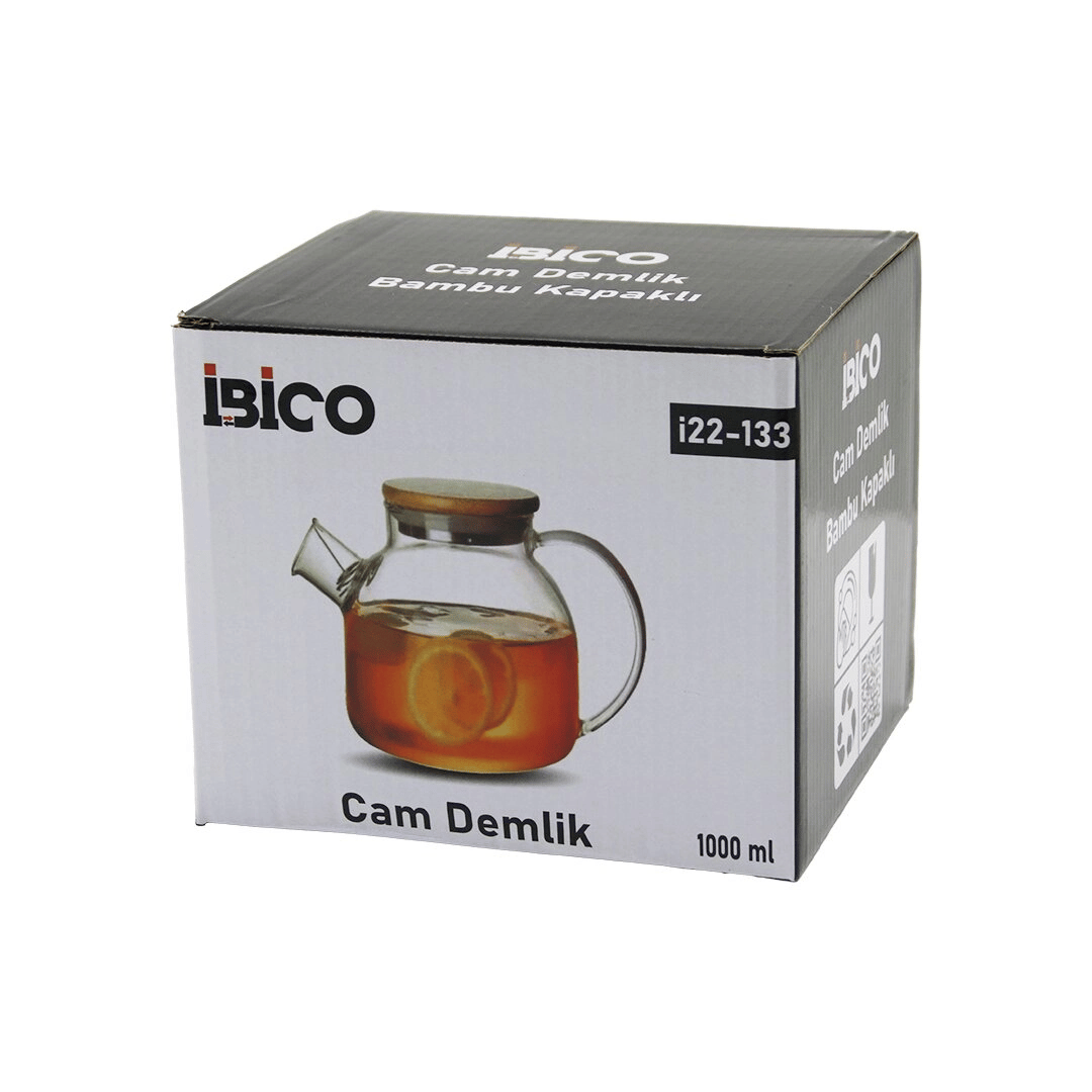 1000ml Sade Düz Cam Demlik  Bambu Dış Yüzey - Metal İç Yüzey - Silikon Contalı Kapak Bx40