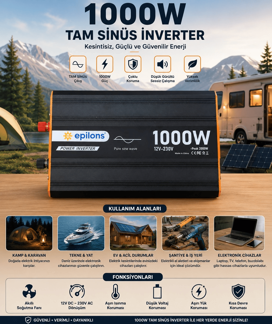 1000W Tam Sinüs İnverter 12V AC Çevirici | Sessiz Fanlı, USB Çıkışlı, Araç Karavan Tekne Solar Uyumlu Güç İnverteri