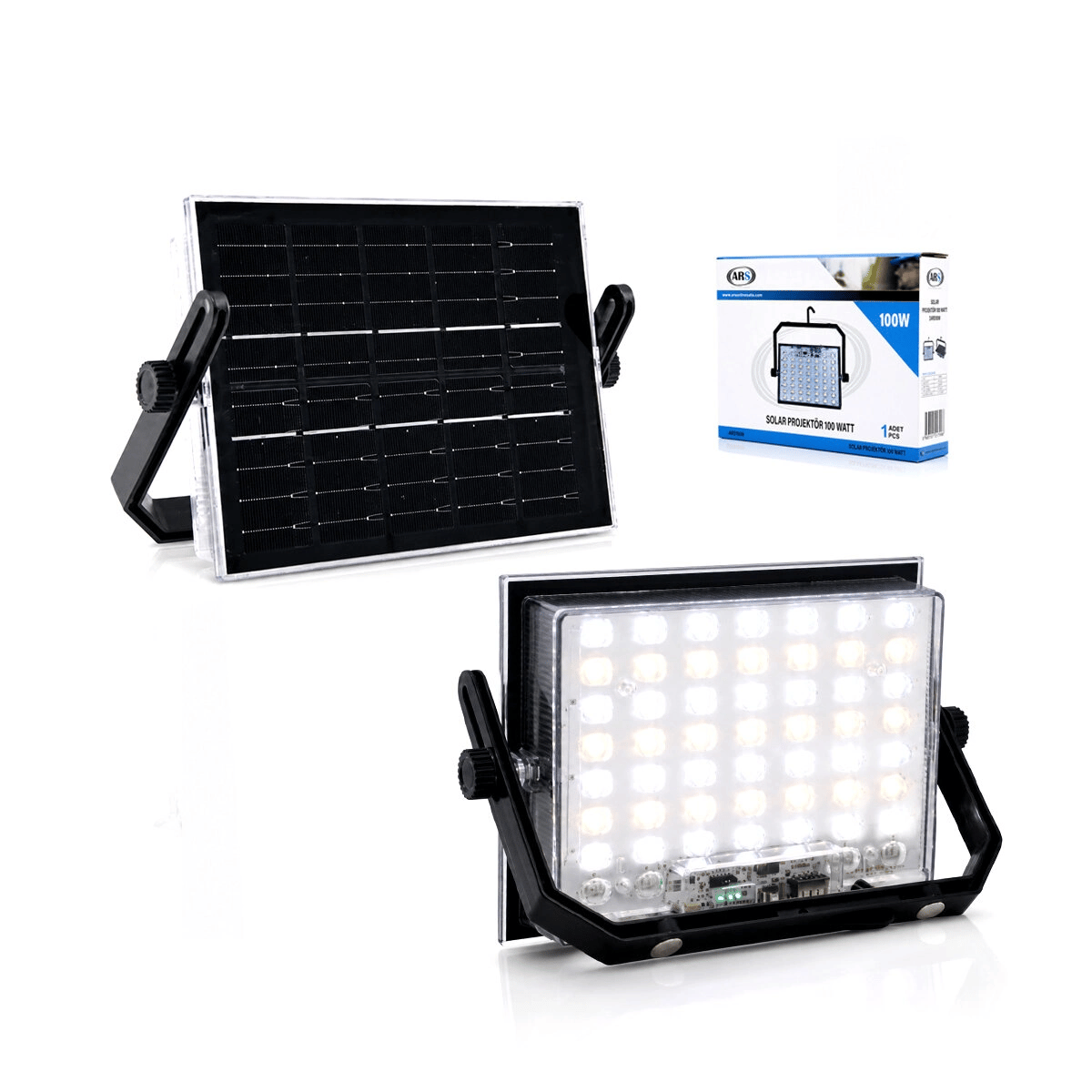 100w Güneş Enerjili Led Işık Solar Projektör - Fener Kamp - Dış Mekan 3 Farklı Led Işık 348960 Lmb Bx40