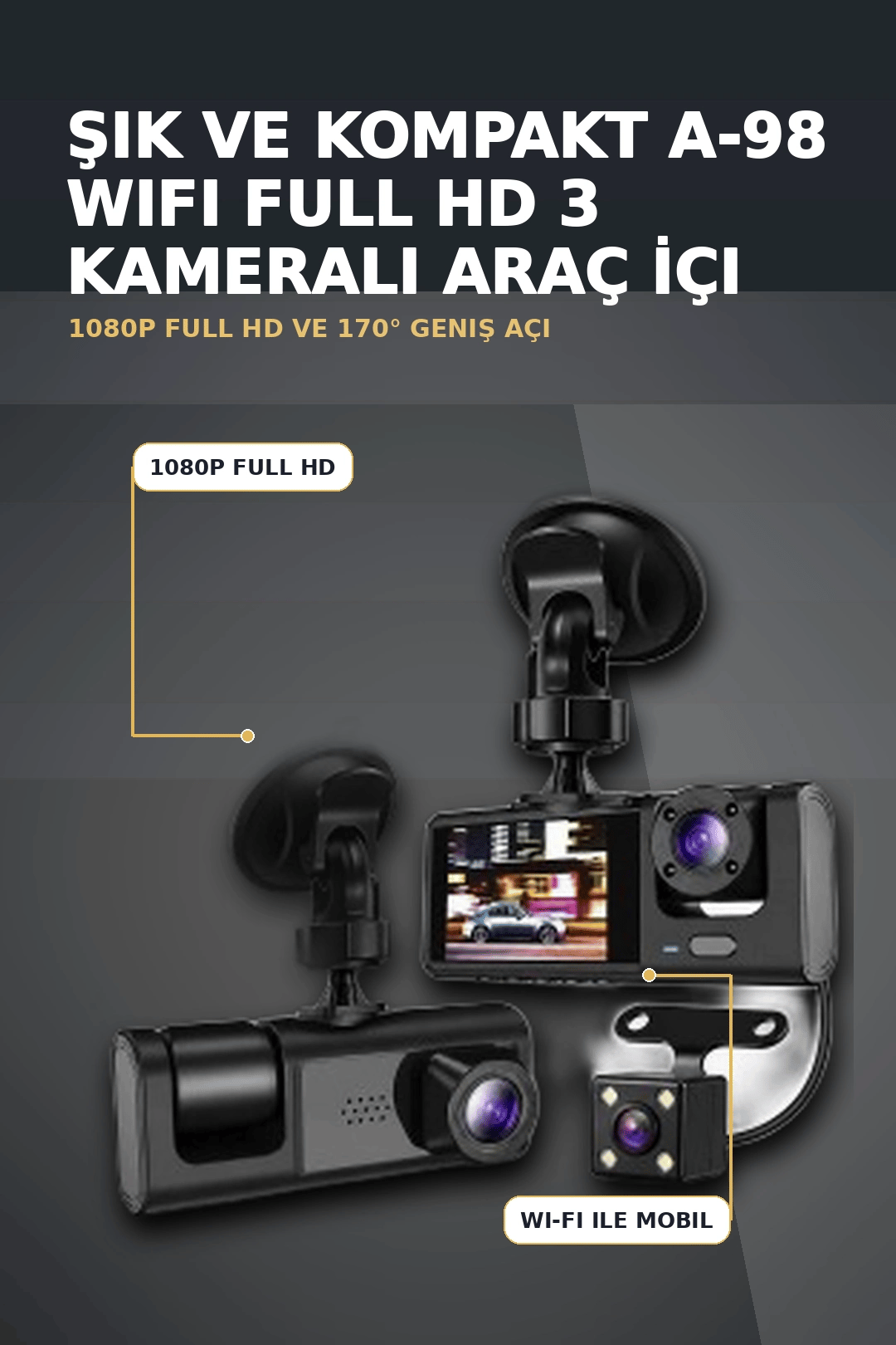 1080P Full HD 3 Kameralı Wi-Fi Araç İçi Yol Kayıt Kamerası Seti 170 Derece Park Modlu