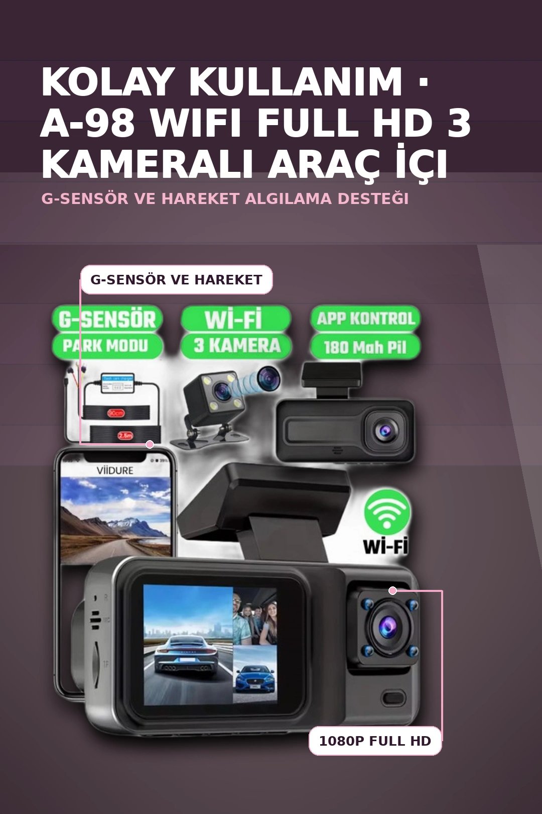 1080P Full HD 3 Kameralı Wi-Fi Bağlantılı Araç İçi Kayıt Cihazı ve Park Kamerası Seti