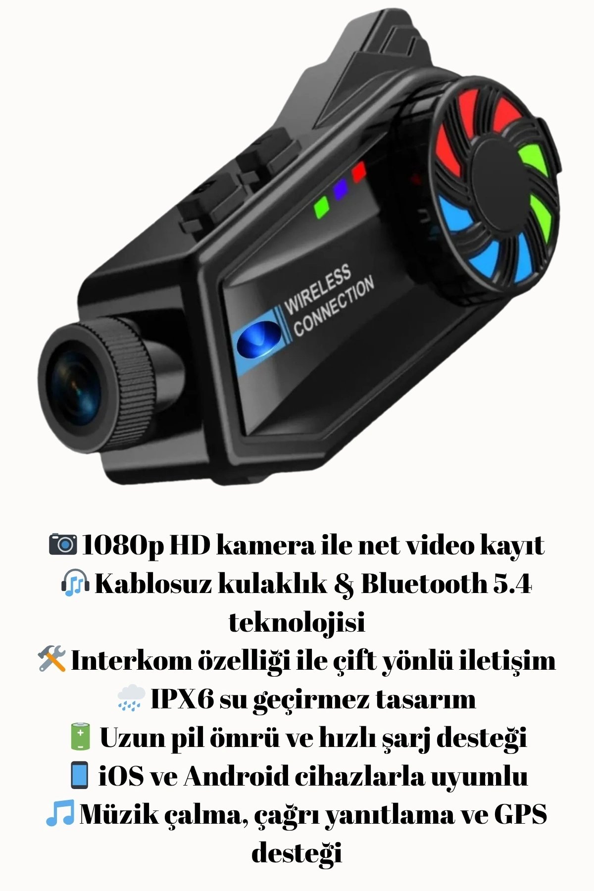 1080P Video Kayıt Özellikli, Su Geçirmez ve Bluetooth 5.4 Motorcu Interkom Kulaklığı