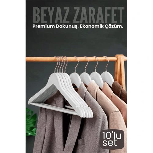 10'lu Lüks Beyaz Elbise Ceket Askısı - Ergonomik & Kaymaz Plastik Askı Seti -  Ahşap Görünümlü 722533