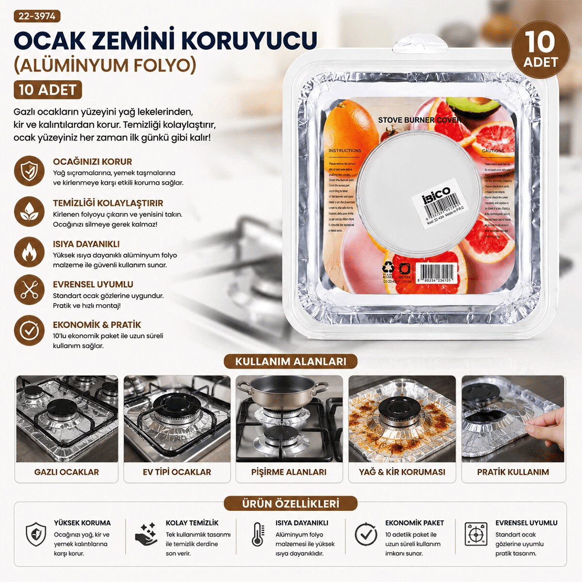 10pcs 20.5cm Ocak Zemini Koruyucu Alüminyum Folyo Bx40