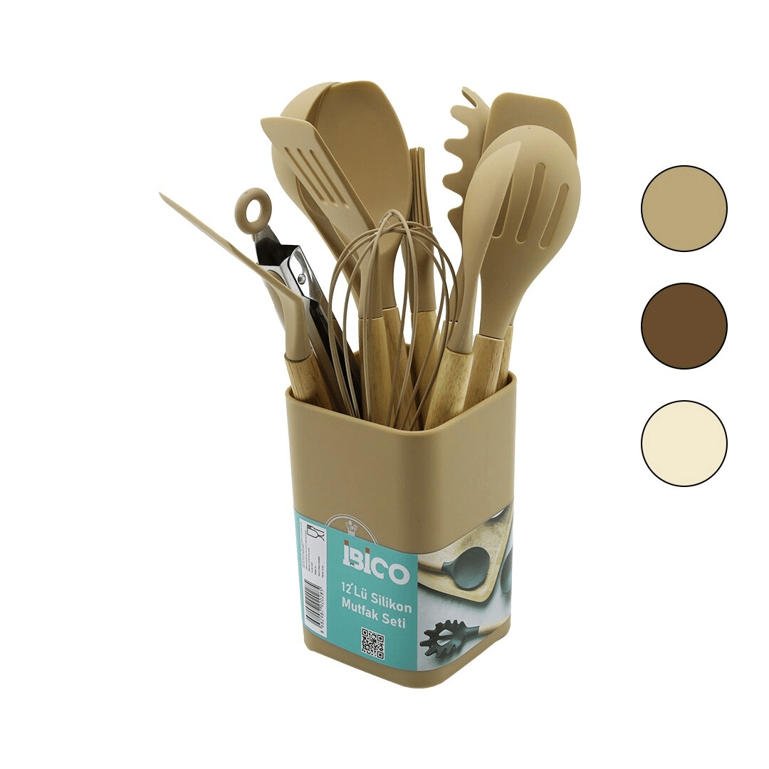 11pcs+kova Silikon Mutfak Seti Bambu Sap 3-kaşık- 3-spatula- 1-kevgir- 1-kepçe- 1-maşa- 1-çrpc- 1-frç Bx40