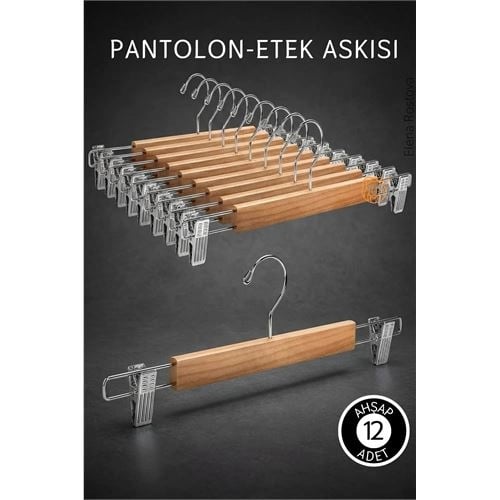 12 Adet Ahşap Pantolon Etek Askısı - Ayarlanabilir Gümüş Mandallı 36cm Organizer Set