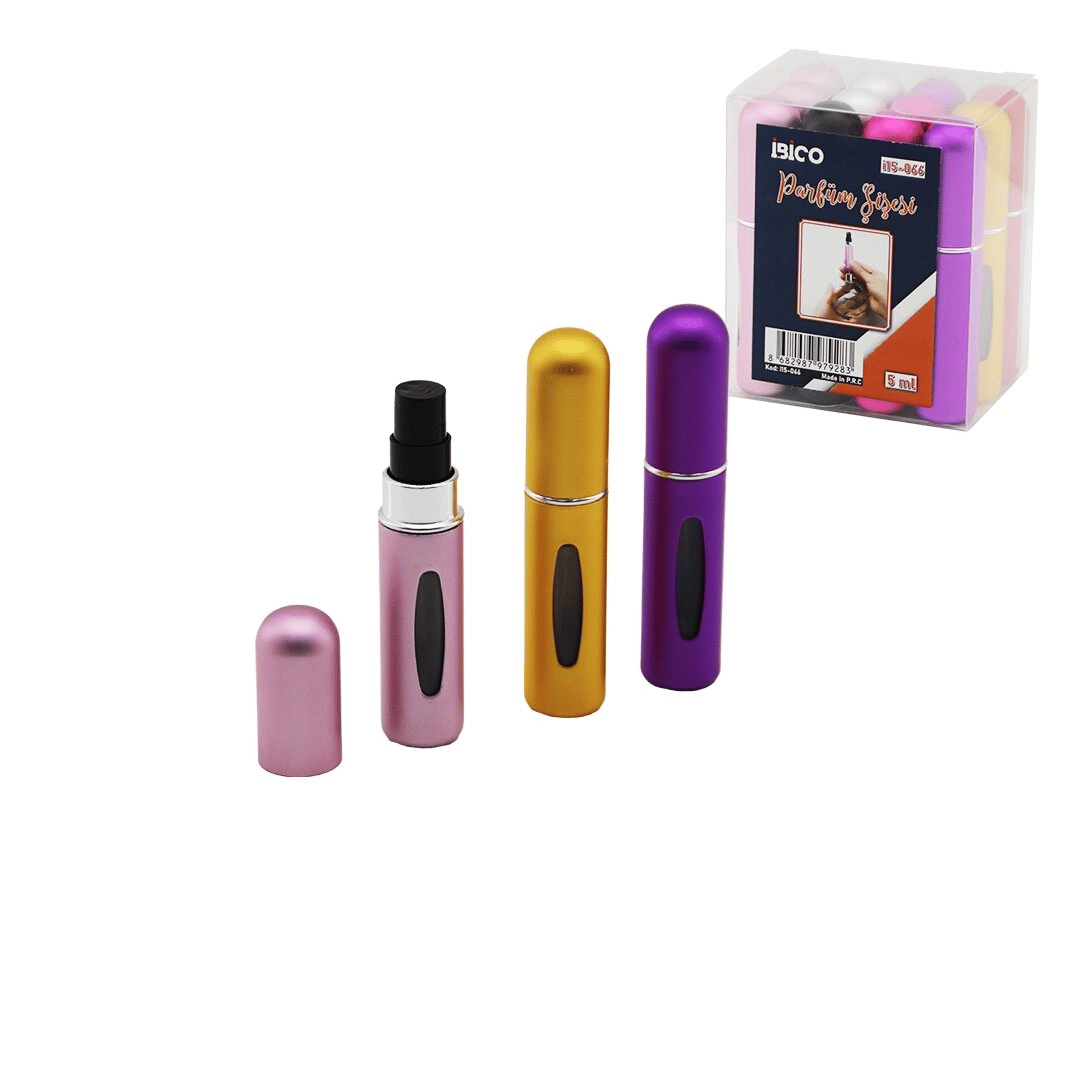 12 Adet Mini=cep - Çanta Boy Boş Sprey Parfüm Şişesi 5ml Renkli Pls. Seviye Pencereli Bx40