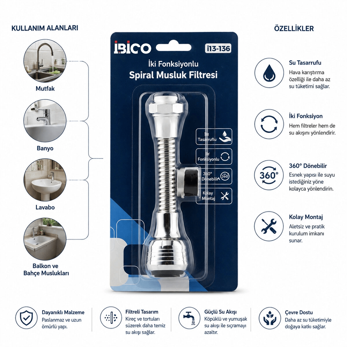 12 Adet Musluk Ucu Filtresi 2 Fonksiyonlu Spiralli Yaylı - 360° Derece Dönebilen Başlık 16-19mm Caşlık Çapı Bx40