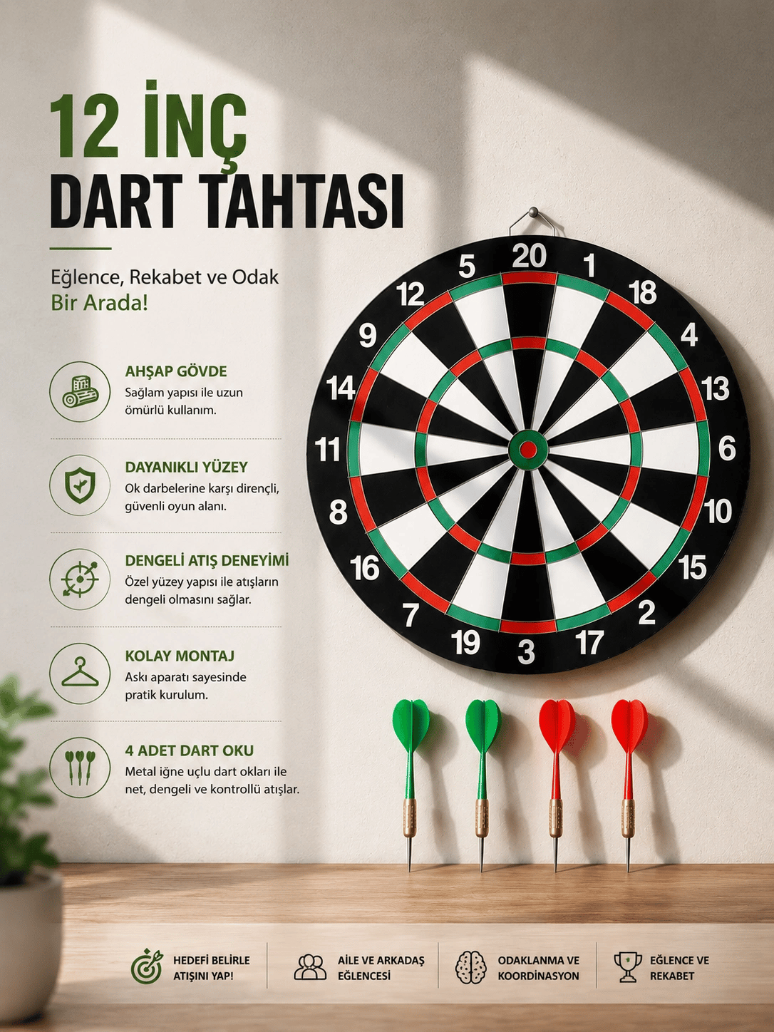 12 İnç Ahşap Dart Tahtası 4 Adet Metal Uçlu Dart Oku Dahil