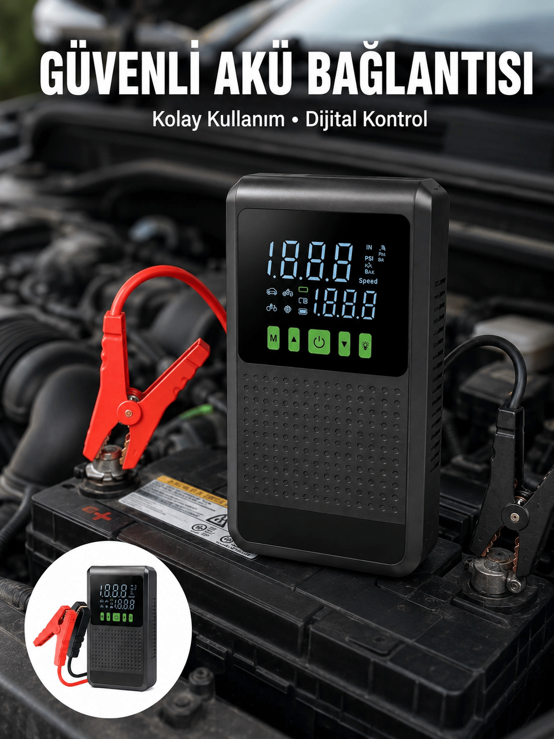 12.000 mAh Şarjlı Araç Akü Takviye ve Işıklı Hava Kompresörü Yeni Nesil