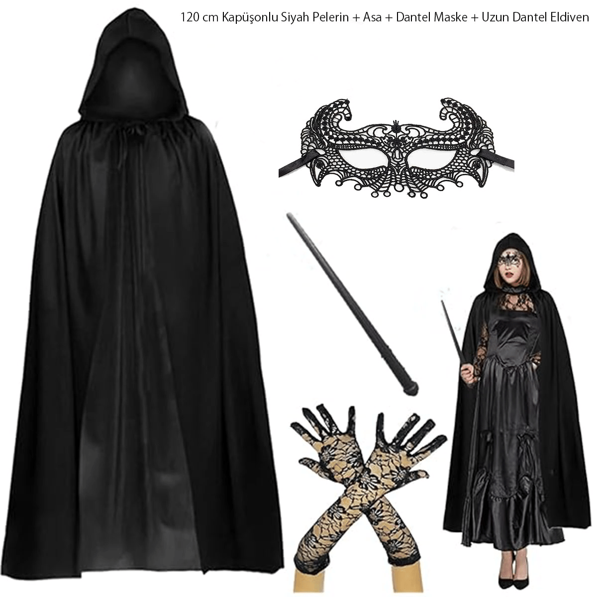 120 Cm Kapüşonlu Siyah Pelerin + Asa + Dantel Maske + Uzun Dantel Siyah Eldiven Kostüm Seti Bx40