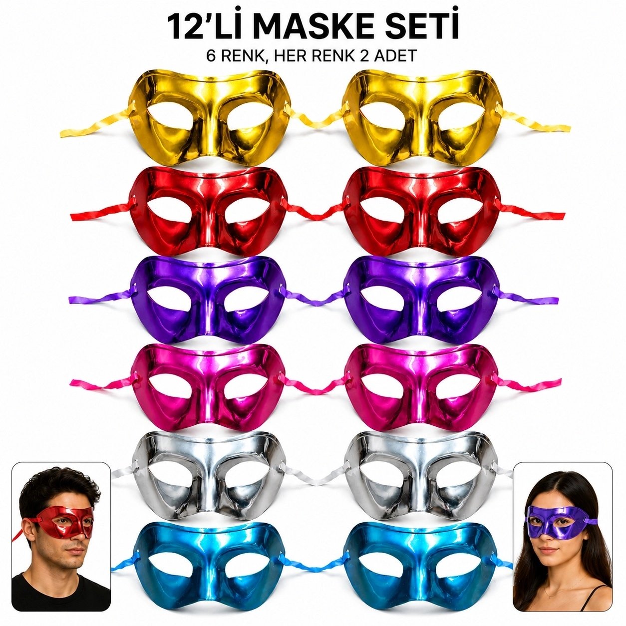 1239li Metalik Venedik  Parti Maskesi Seti – 6 Renk Karışık