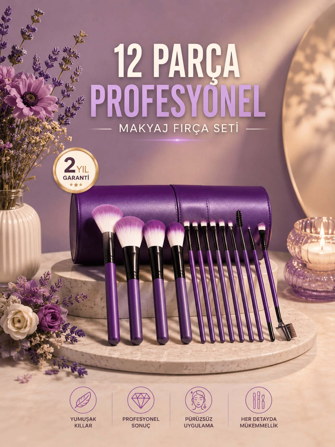 12’li Makyaj Fırça Seti Fondöten Allık Far Karıştırma İçin Tam Uyumlu