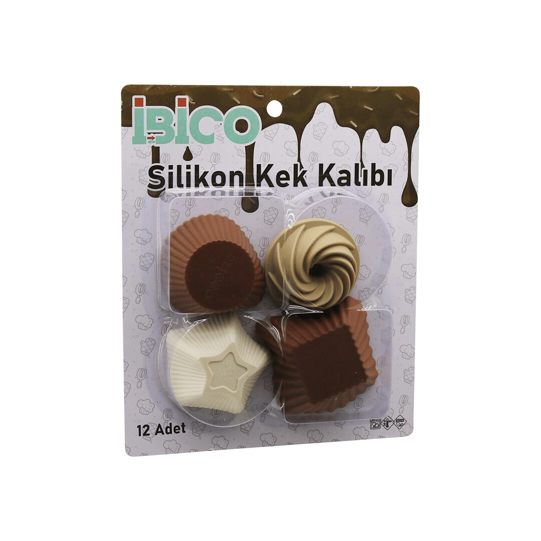 12pcs   Renkli Silikon  Muffin - Kek Kalıp Mix Şekil= 3-dikdörtgen - 3-yuvarlak - 3-rüzgar Gülü - 3-yıldız Bx40