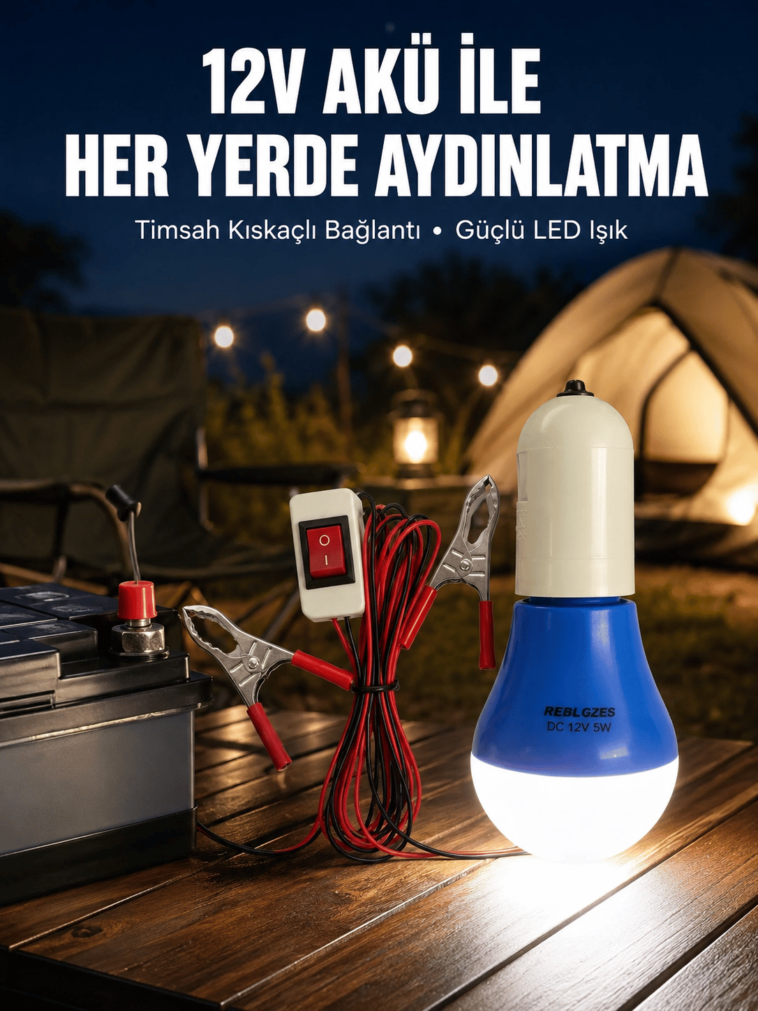 12V LED Ampul Timsah Kıskaçlı Taşınabilir Aydınlatma