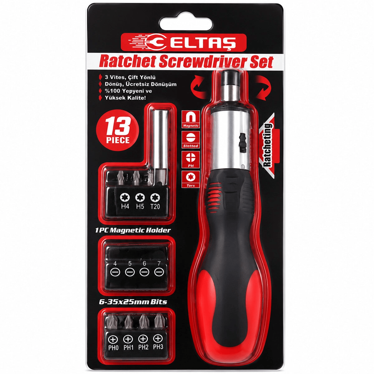 13pcs Silikon Sap - Cr-v Cırcırlı Tornavida Bits Seti 3 Kademe - Çift Yönlü - Manyetik Uç Tutucu Bx40
